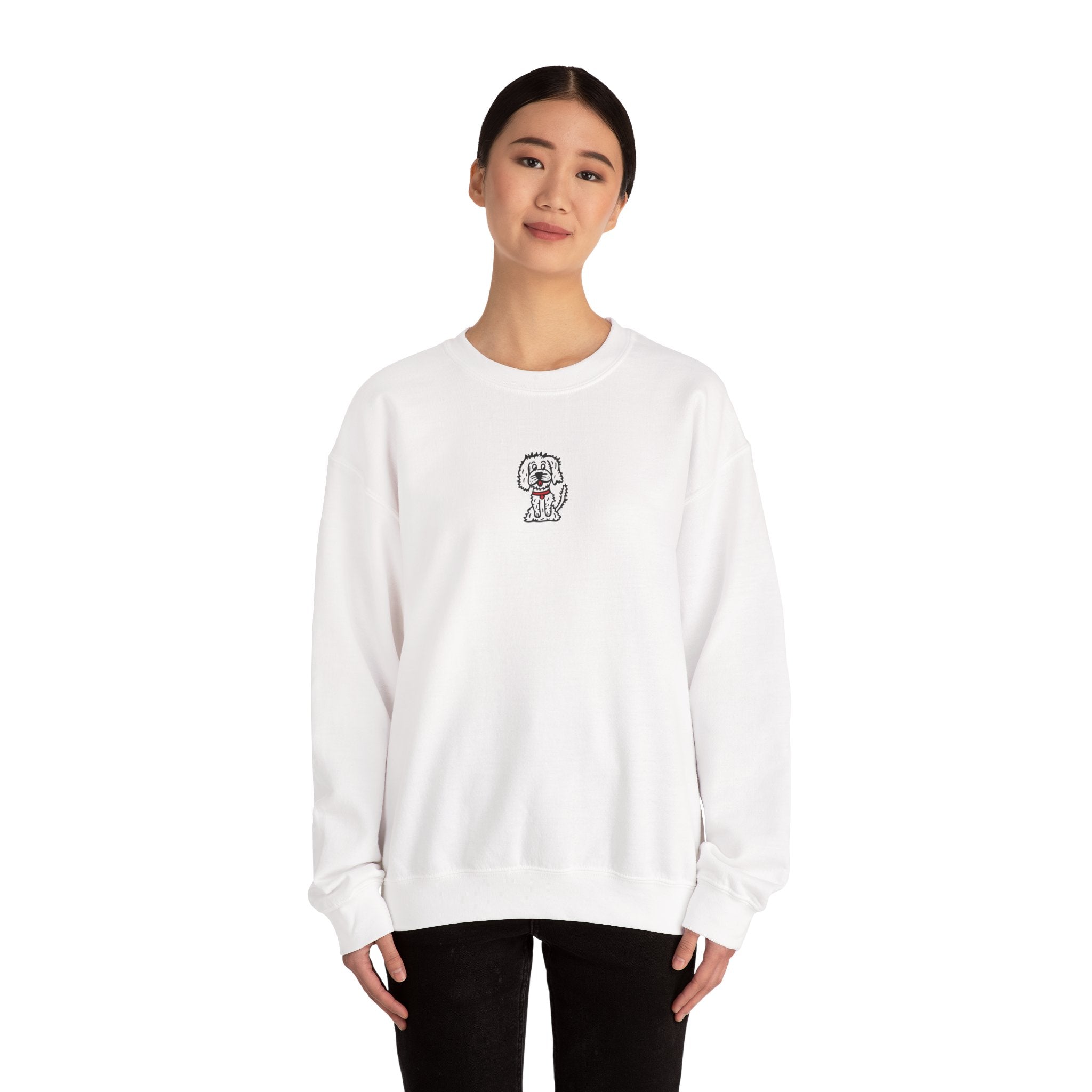 Hand-Drawn Fluffy Dog Red Collar Sweatshirt | White Dog Illustration