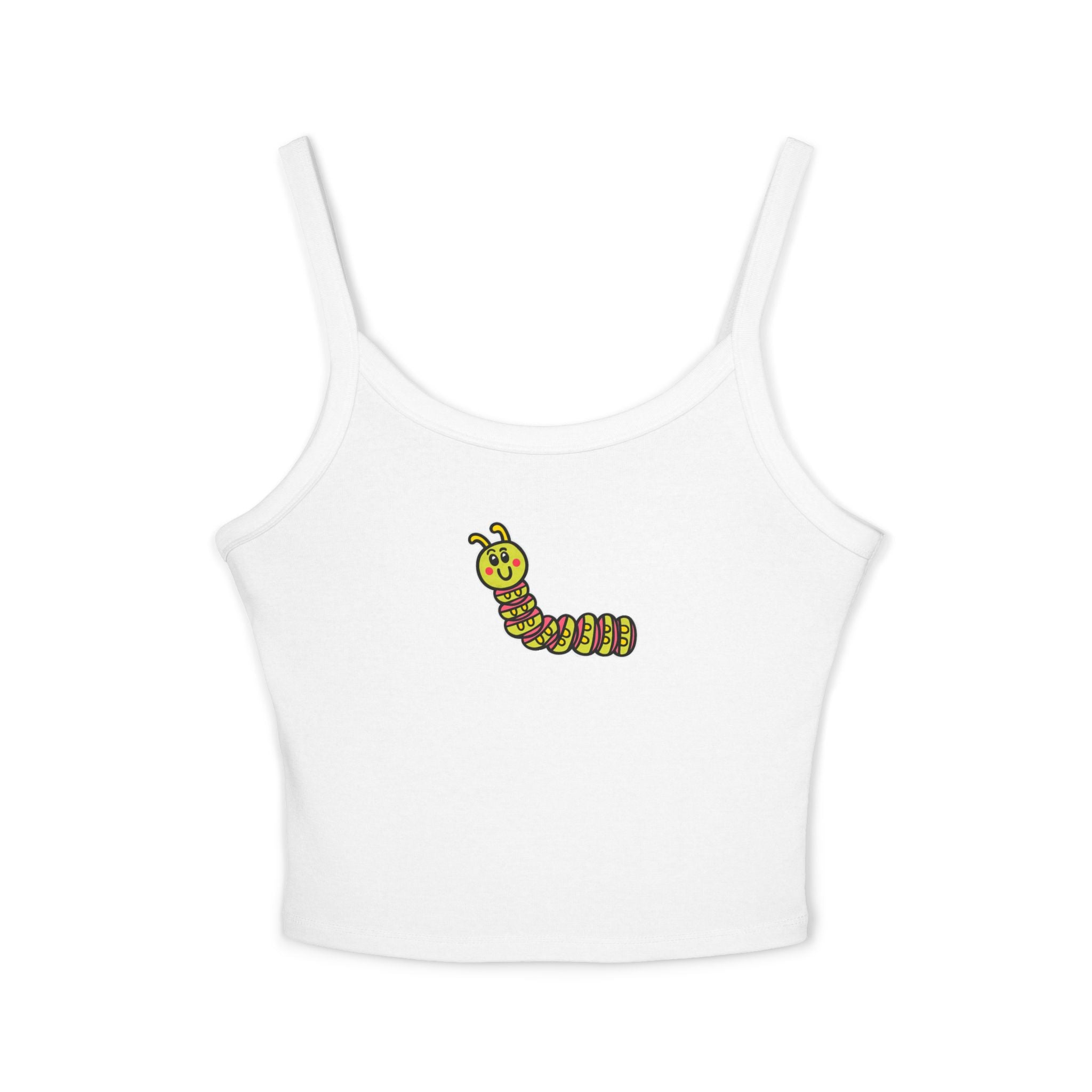 Hand-Drawn Cute Smiling Caterpillar Tank Top | Tiny Cartoon Bug Center Chest