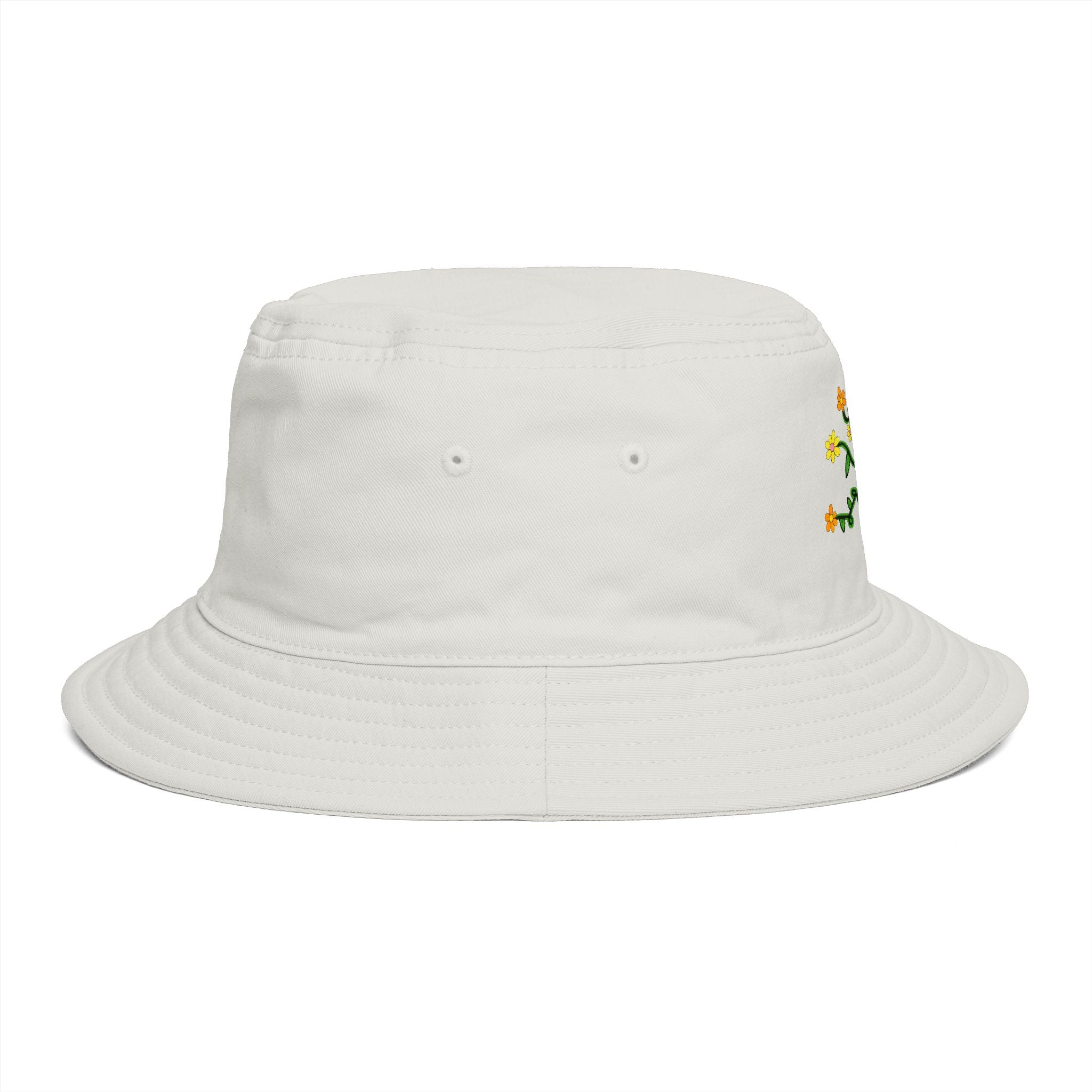 Hand-Drawn Yellow Orange Pink Flowers on Green Vine Bucket Hat | Floral Summer Hat