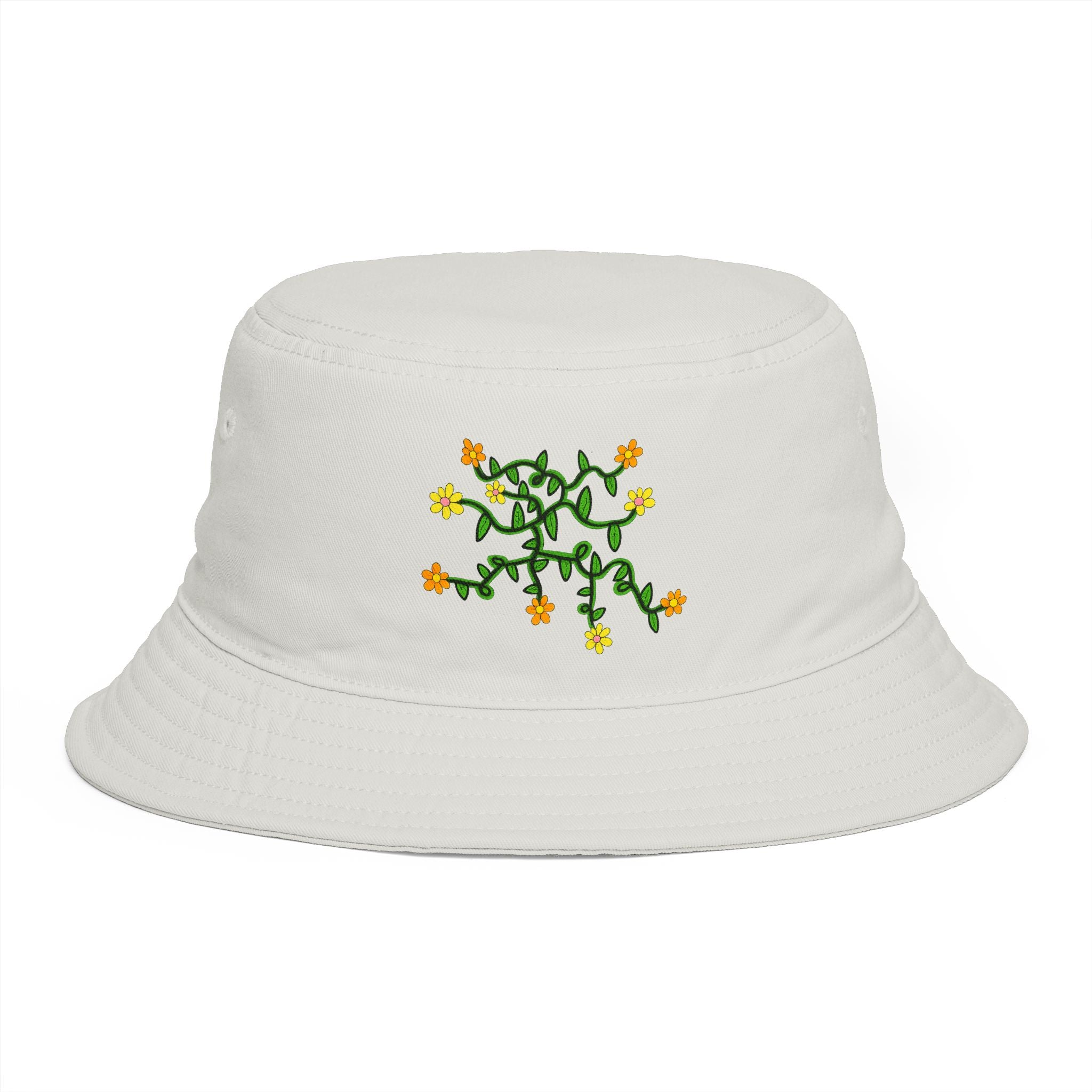 Hand-Drawn Yellow Orange Pink Flowers on Green Vine Bucket Hat | Floral Summer Hat