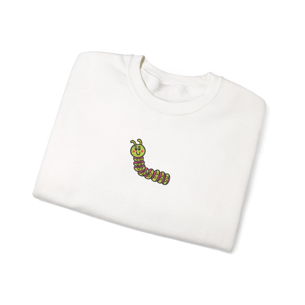 Hand-Drawn Green Cartoon Caterpillar Crewneck Sweatshirt | Small Chest Graphic