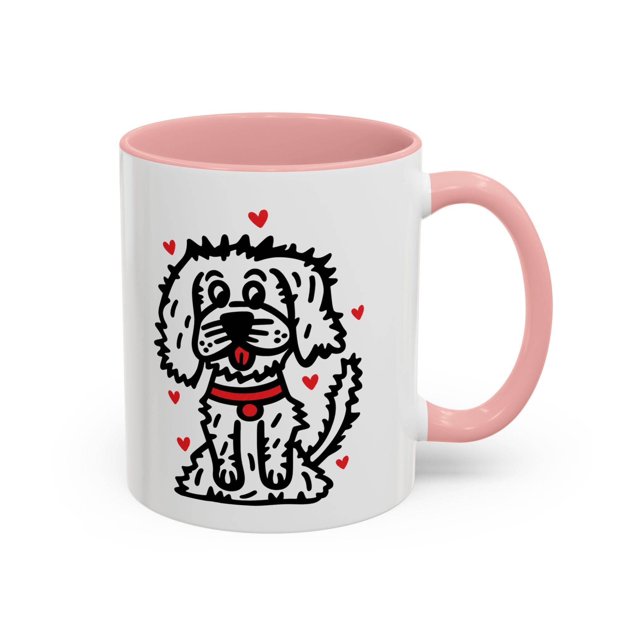 Hand-Drawn Fluffy Dog Red Collar Accent Coffee Mug | White Dog Illustration