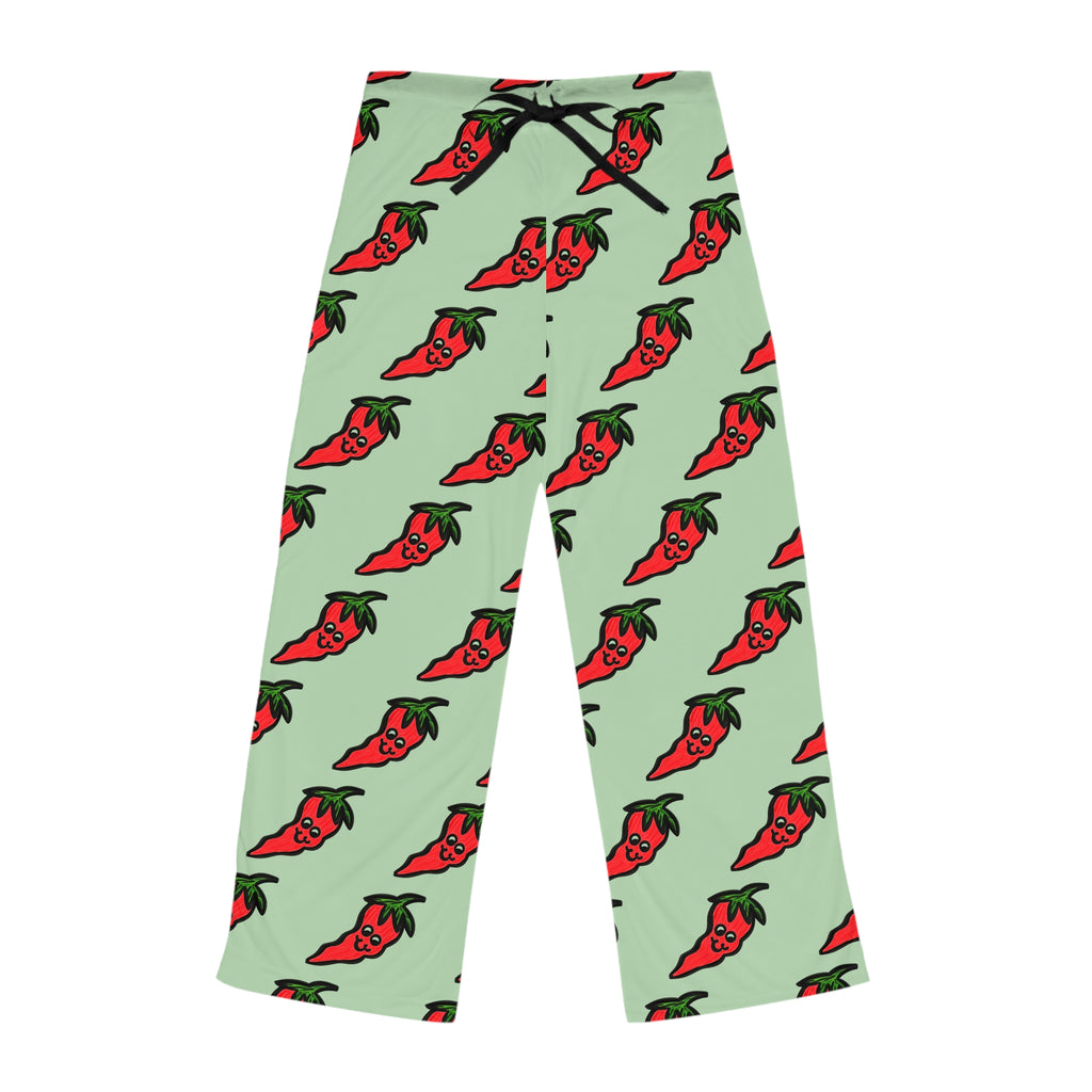 Hand-Drawn Cute Chili Pepper Pattern Pajama Pants | green, red veggie all-over print