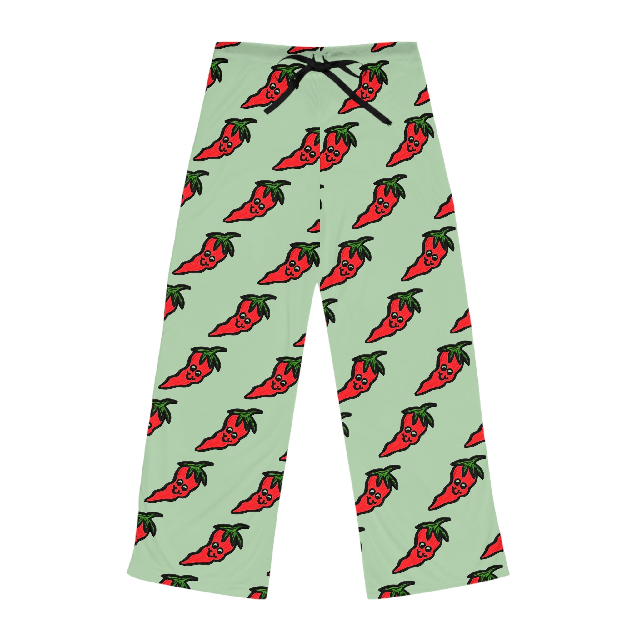 Hand-Drawn Cute Chili Pepper Pattern Pajama Pants | green, red veggie all-over print