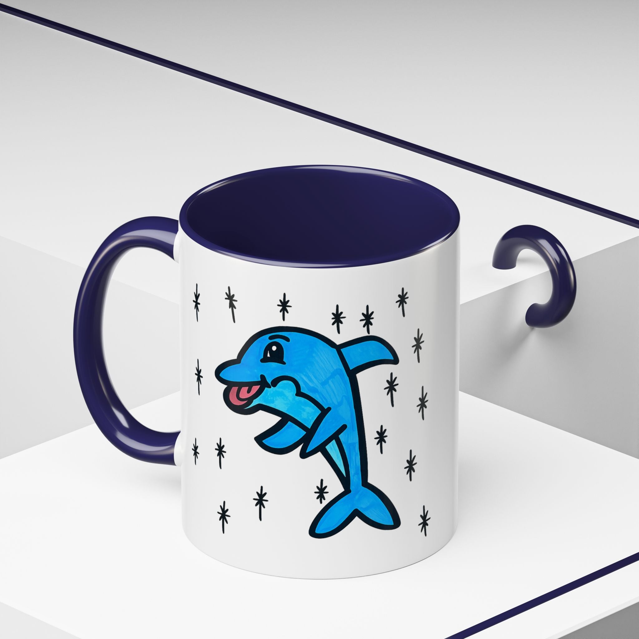 Hand-Drawn Cute Blue Dolphin Mug | Cartoon Dolphin Coffee Mug, Accent Inner Color