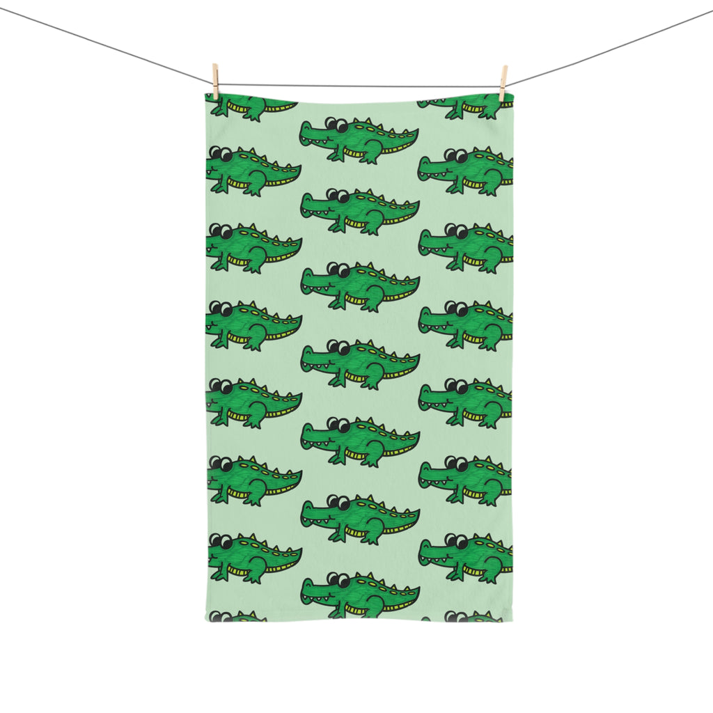 Hand-Drawn Green Crocodile Pattern Hand Towel | Cute Alligator Repeat Design