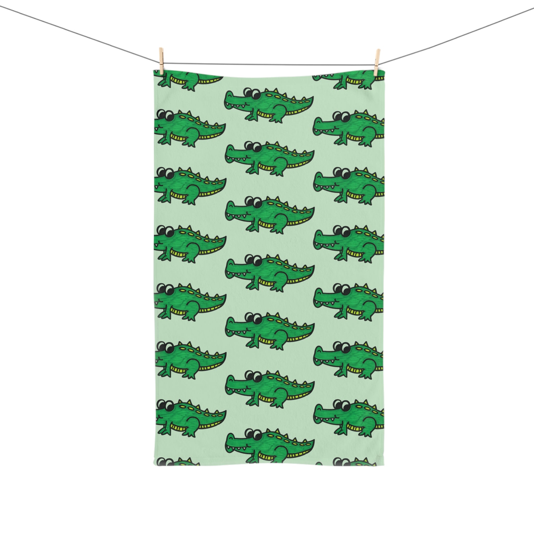 Hand-Drawn Green Crocodile Pattern Hand Towel | Cute Alligator Repeat Design