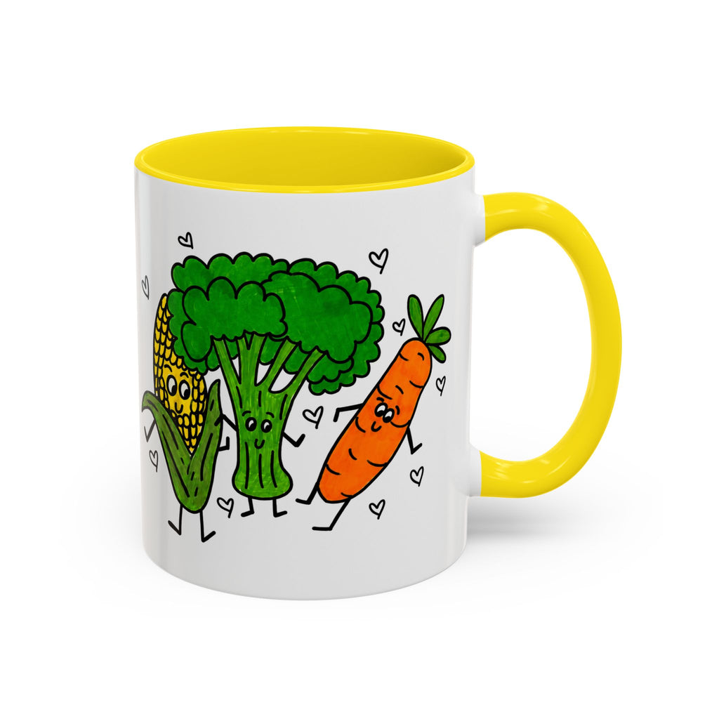 Hand-Drawn Dancing Veggies Carrot Broccoli Corn Mug | Accent Coffee Mug