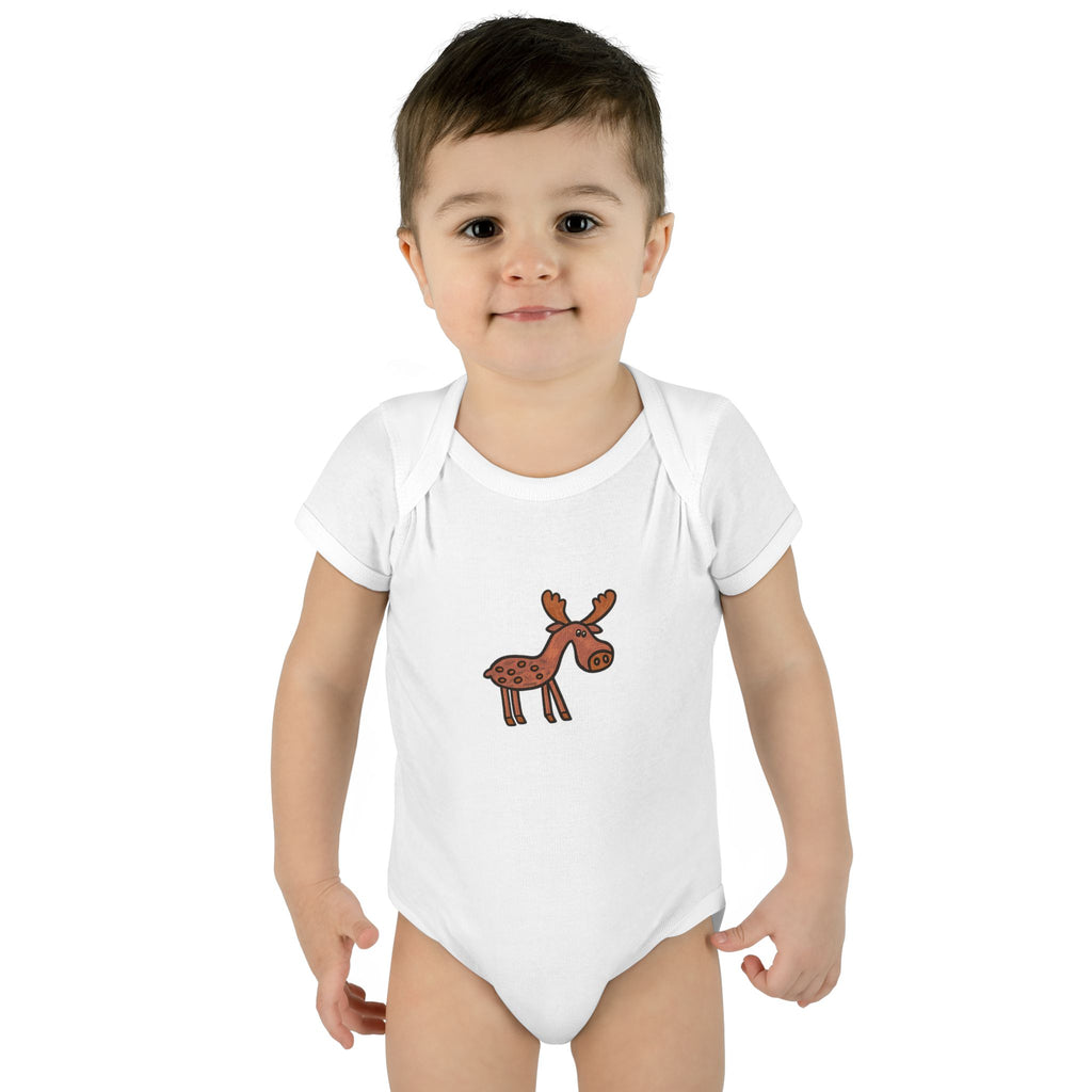 Hand-Drawn Woodland Moose Illustration Infant Bodysuit | Cute Brown Moose Baby Onesie