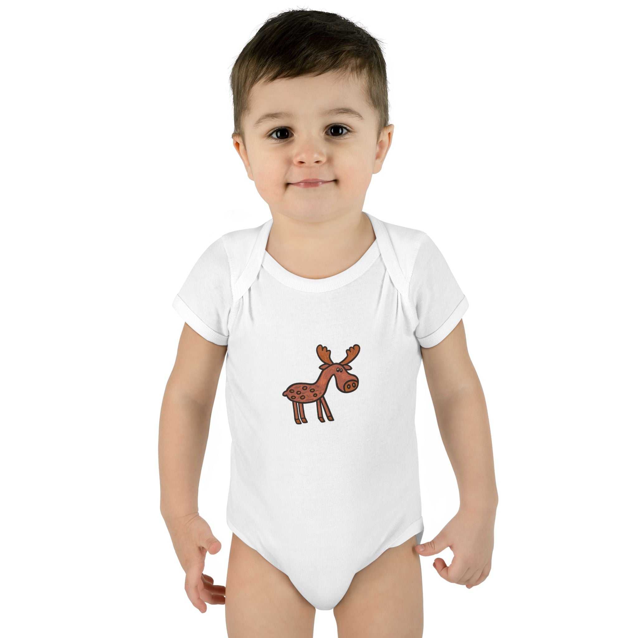 Hand-Drawn Woodland Moose Illustration Infant Bodysuit | Cute Brown Moose Baby Onesie