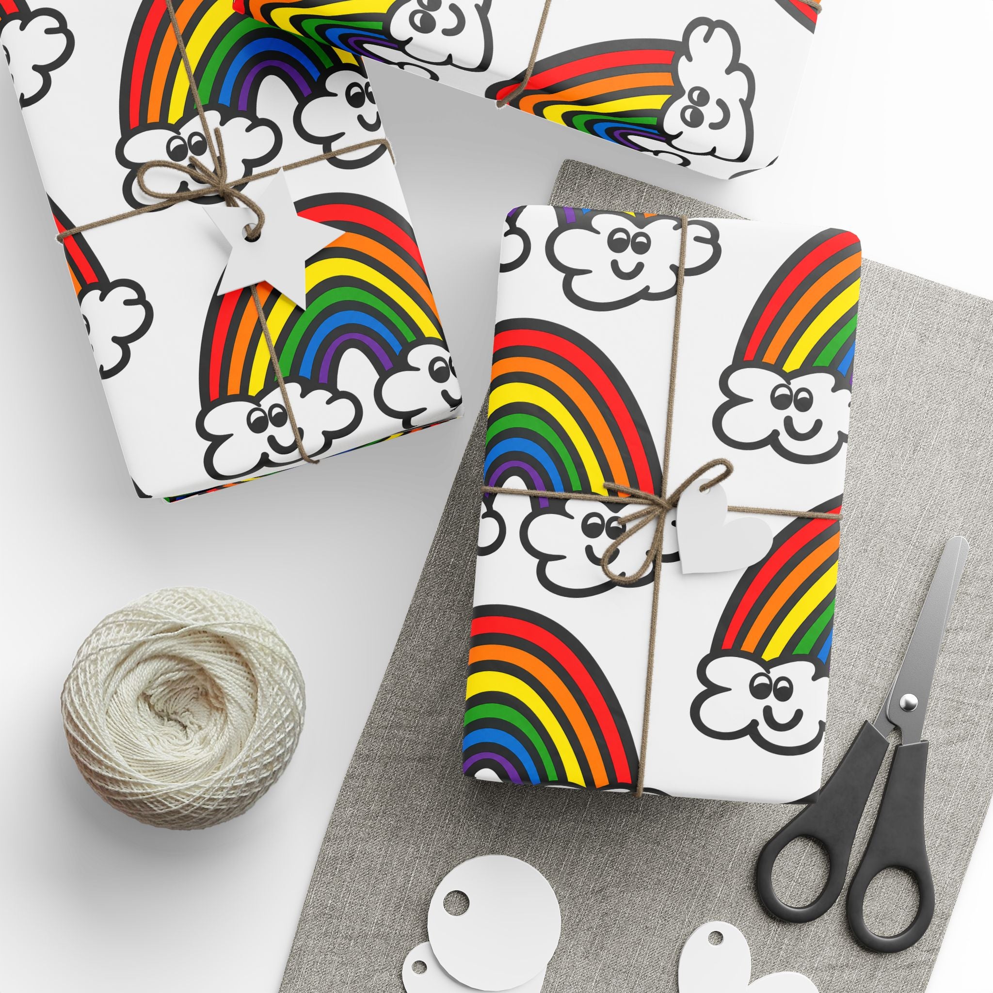 Hand-Drawn Retro Rainbow Pattern wrapping paper | Cute Cloud Rainbows Gift Wrap