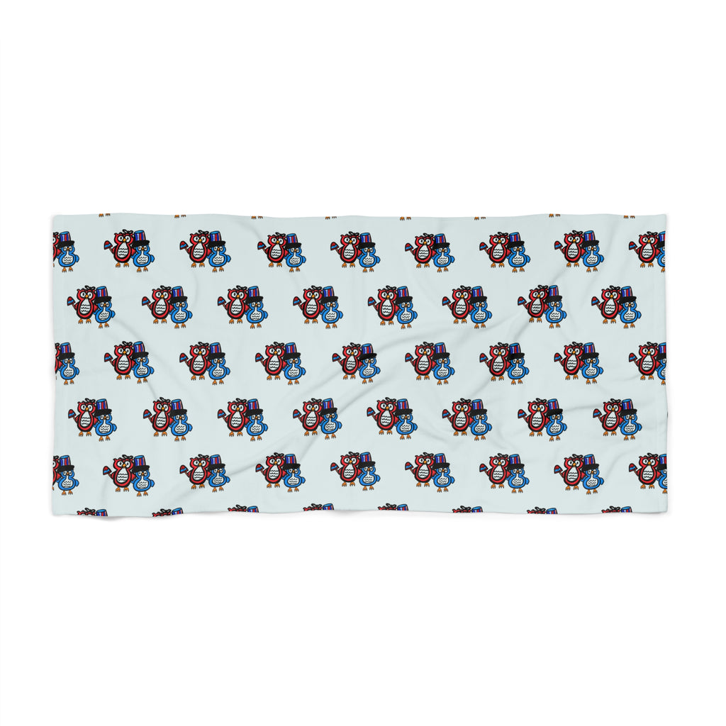 Hand-Drawn Patriotic Owl Illustration Beach Towel | Red & Blue Cartoon Owls, American Print