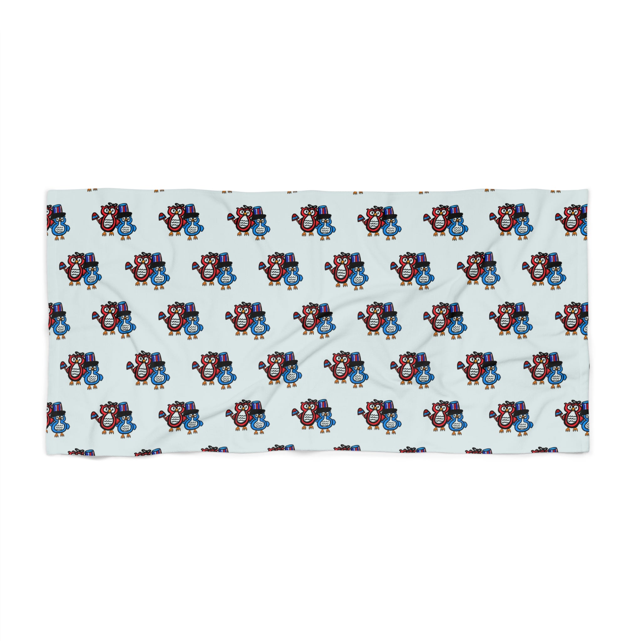 Hand-Drawn Patriotic Owl Illustration Beach Towel | Red & Blue Cartoon Owls, American Print