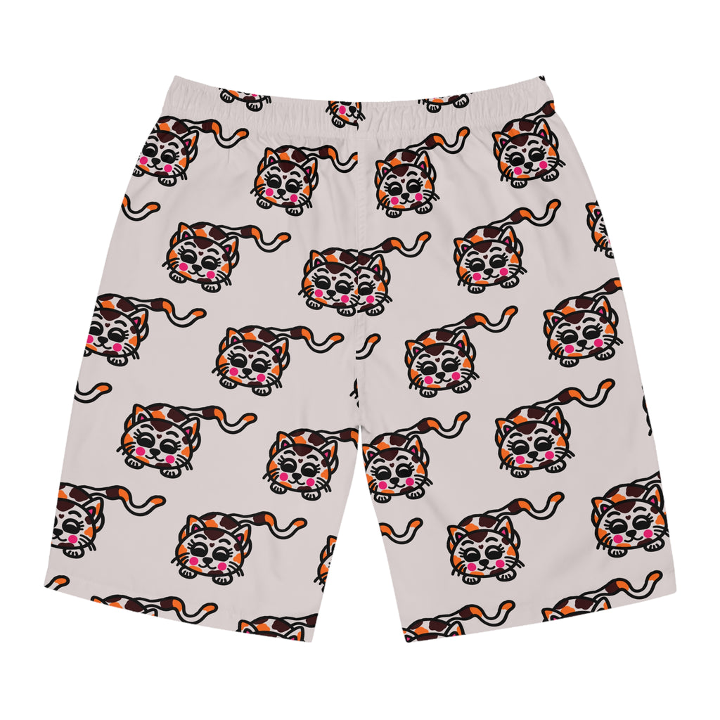 Hand-Drawn Cute Calico Cat Pattern Board Shorts | All-Over Print Swim Trunks