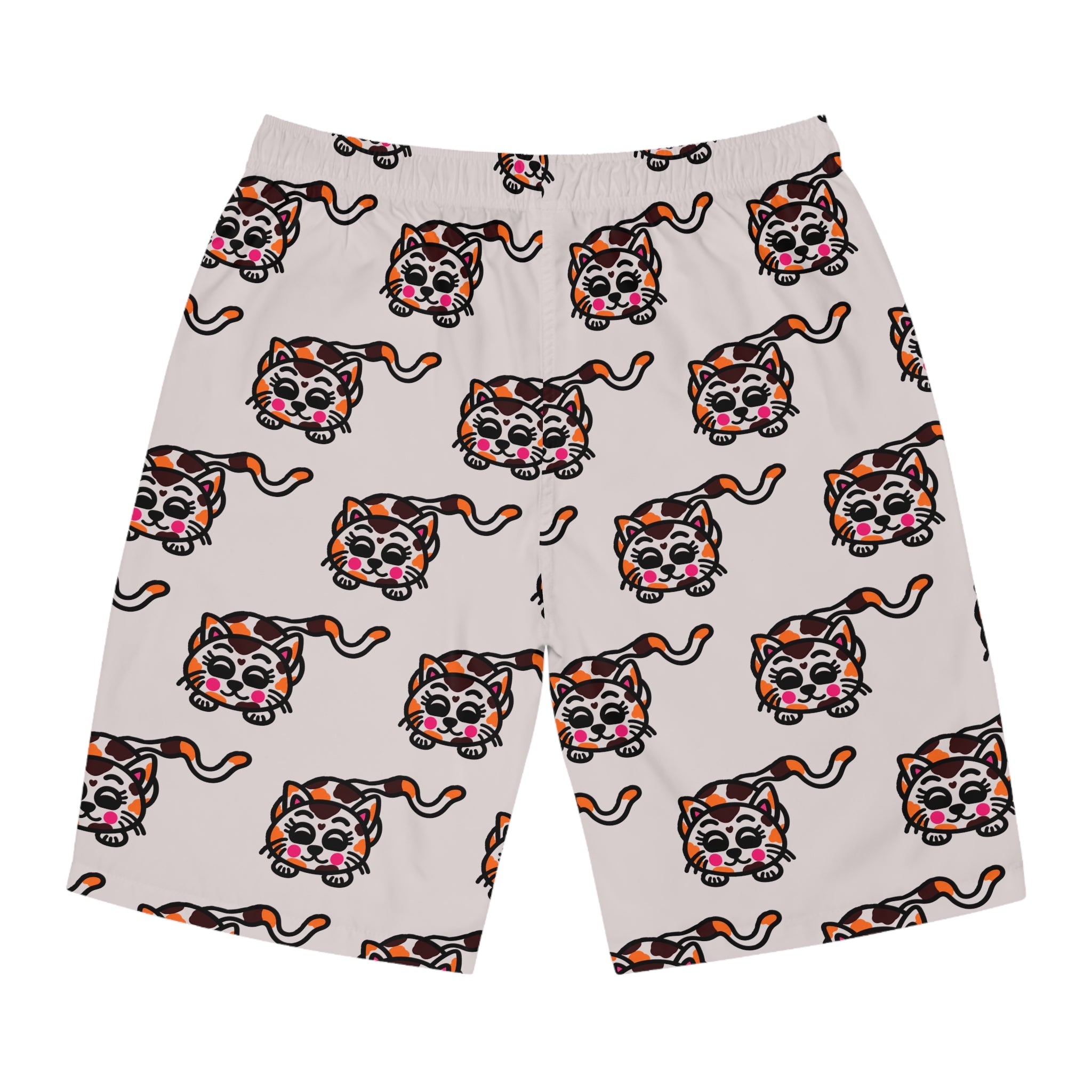 Hand-Drawn Cute Calico Cat Pattern Board Shorts | All-Over Print Swim Trunks