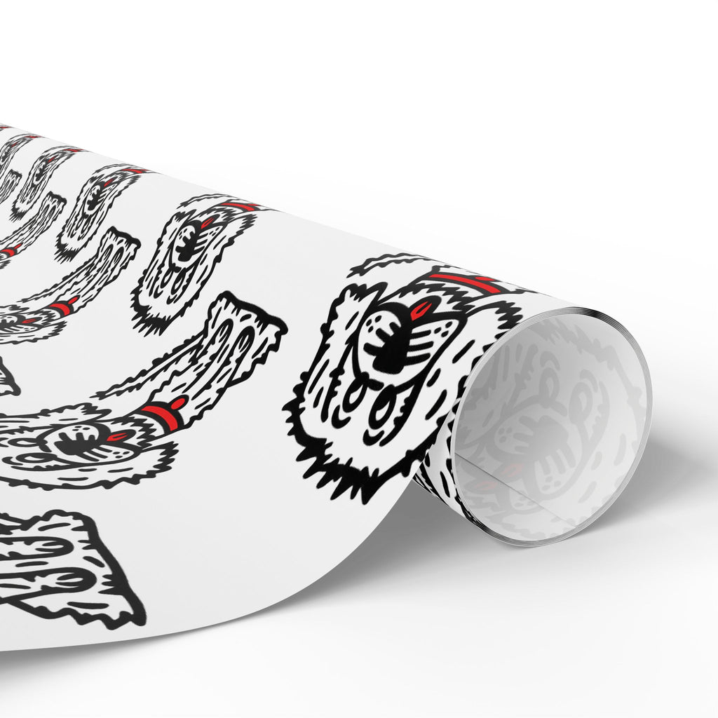 Hand-Drawn White Fluffy Dog Wrapping Paper | Red Collar