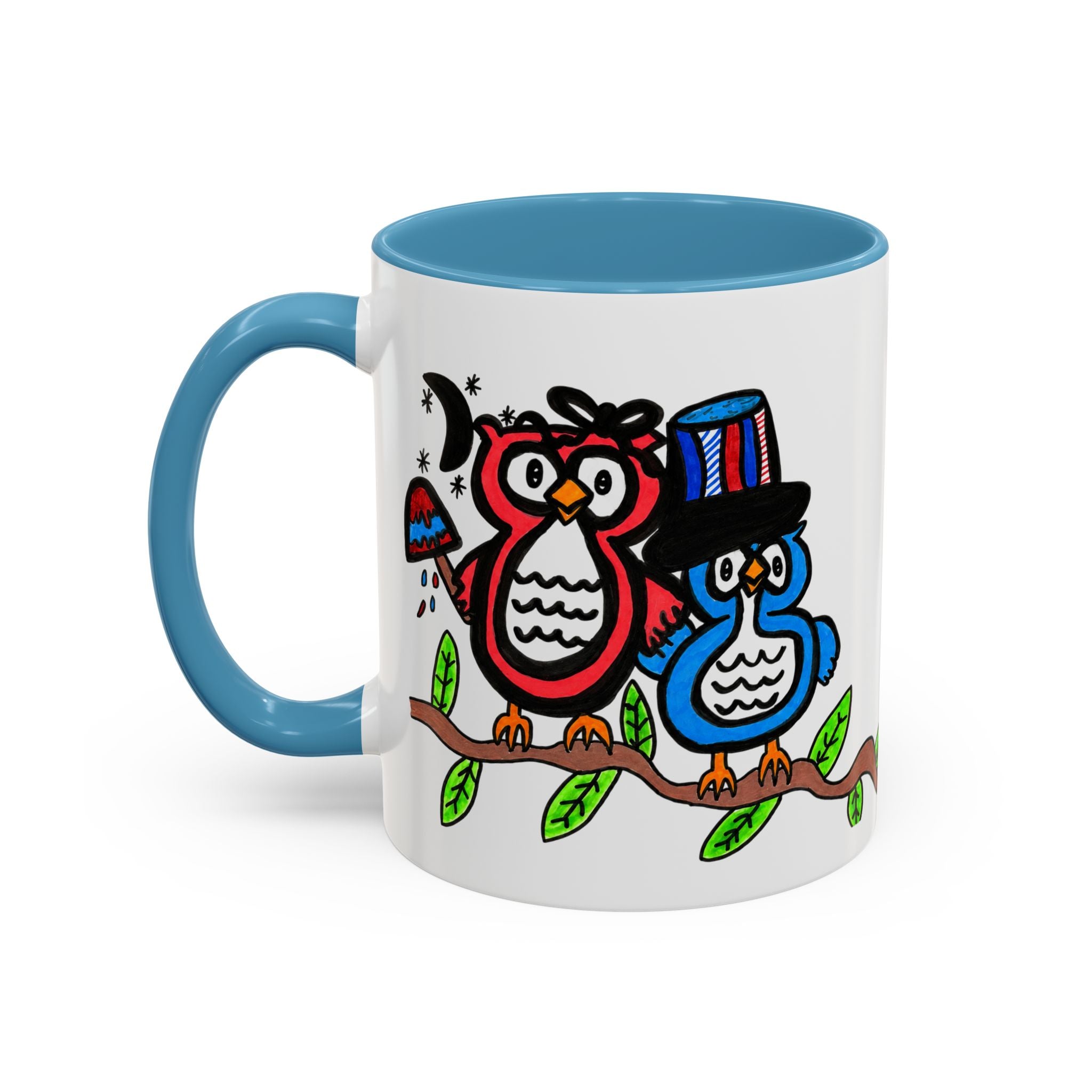Hand-Drawn Patriotic Owls on a Branch Mug | Accent Coffee Mug 11oz 15oz