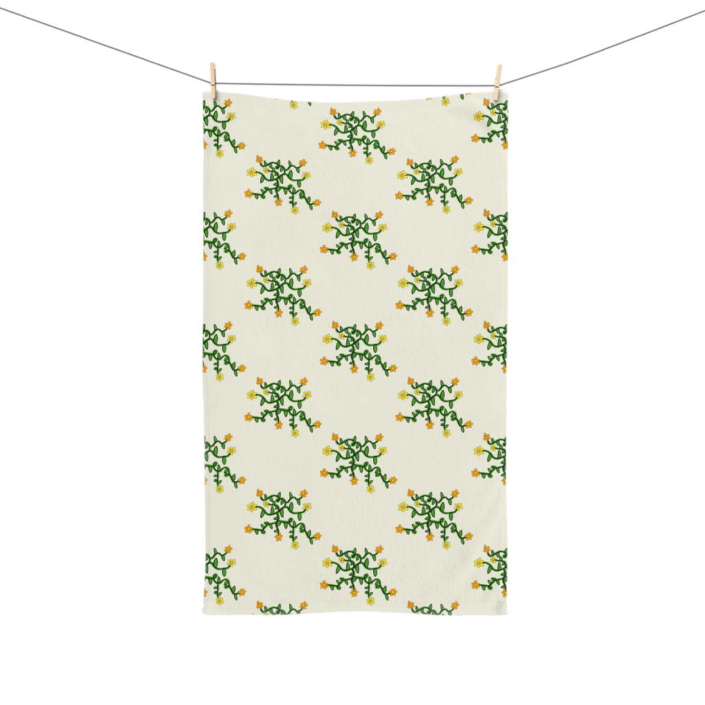 Hand-Drawn Yellow Orange and Pink Flowers on Green Vine Spring Hand Towel | Botanical Pattern, Kitchen Linen