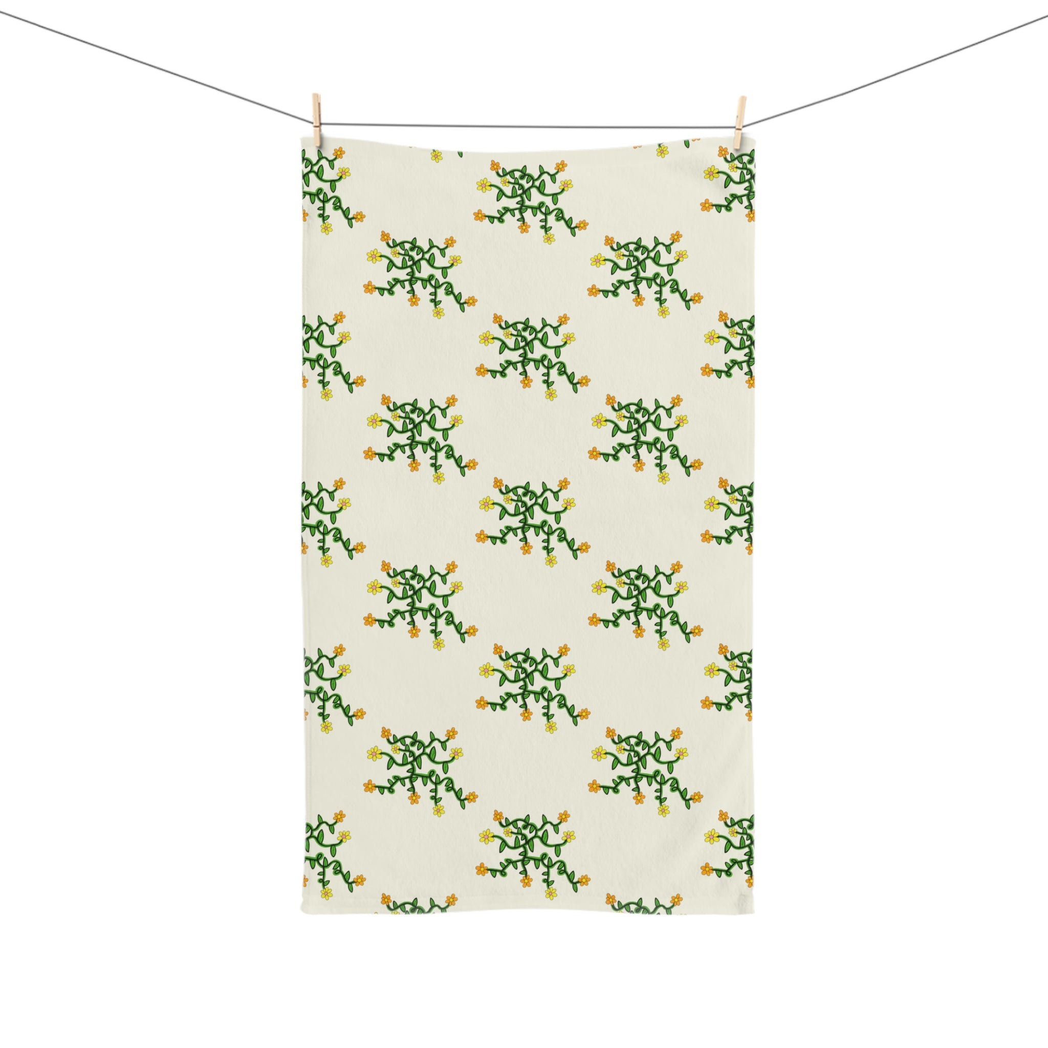 Hand-Drawn Yellow Orange and Pink Flowers on Green Vine Spring Hand Towel | Botanical Pattern, Kitchen Linen