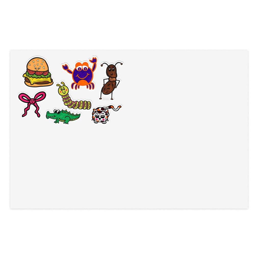 Cute Cartoon Food & Animal Sticker Sheet | Burger Crab Ant Bow Alligator Caterpillar Cat