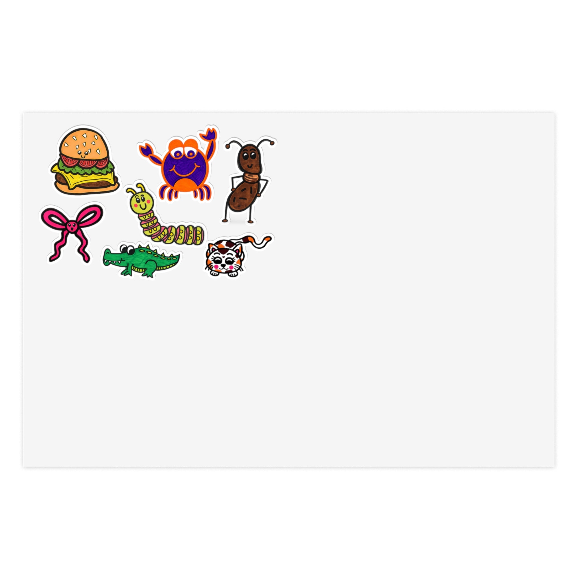 Cute Cartoon Food & Animal Sticker Sheet | Burger Crab Ant Bow Alligator Caterpillar Cat