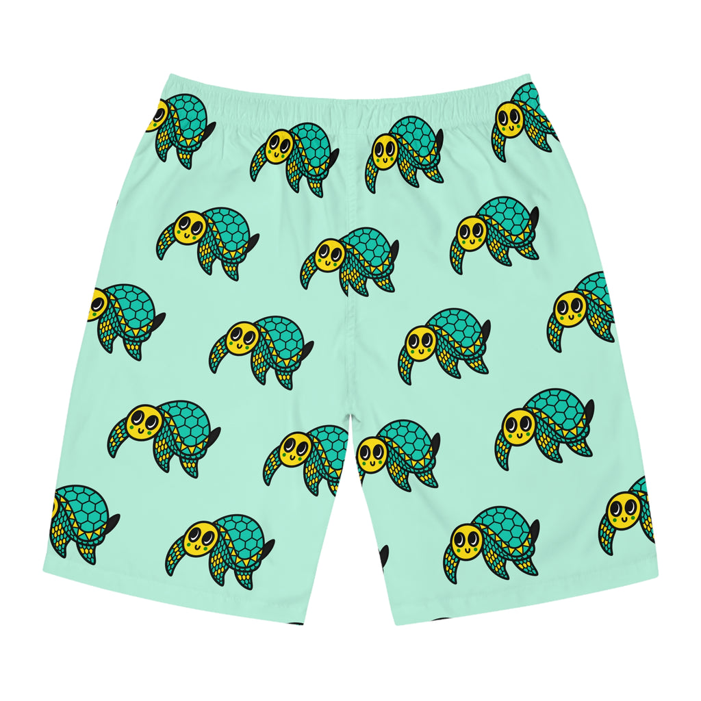 Hand-Drawn Smiling Sea Turtle Pattern Board Shorts | Aqua All-Over Print