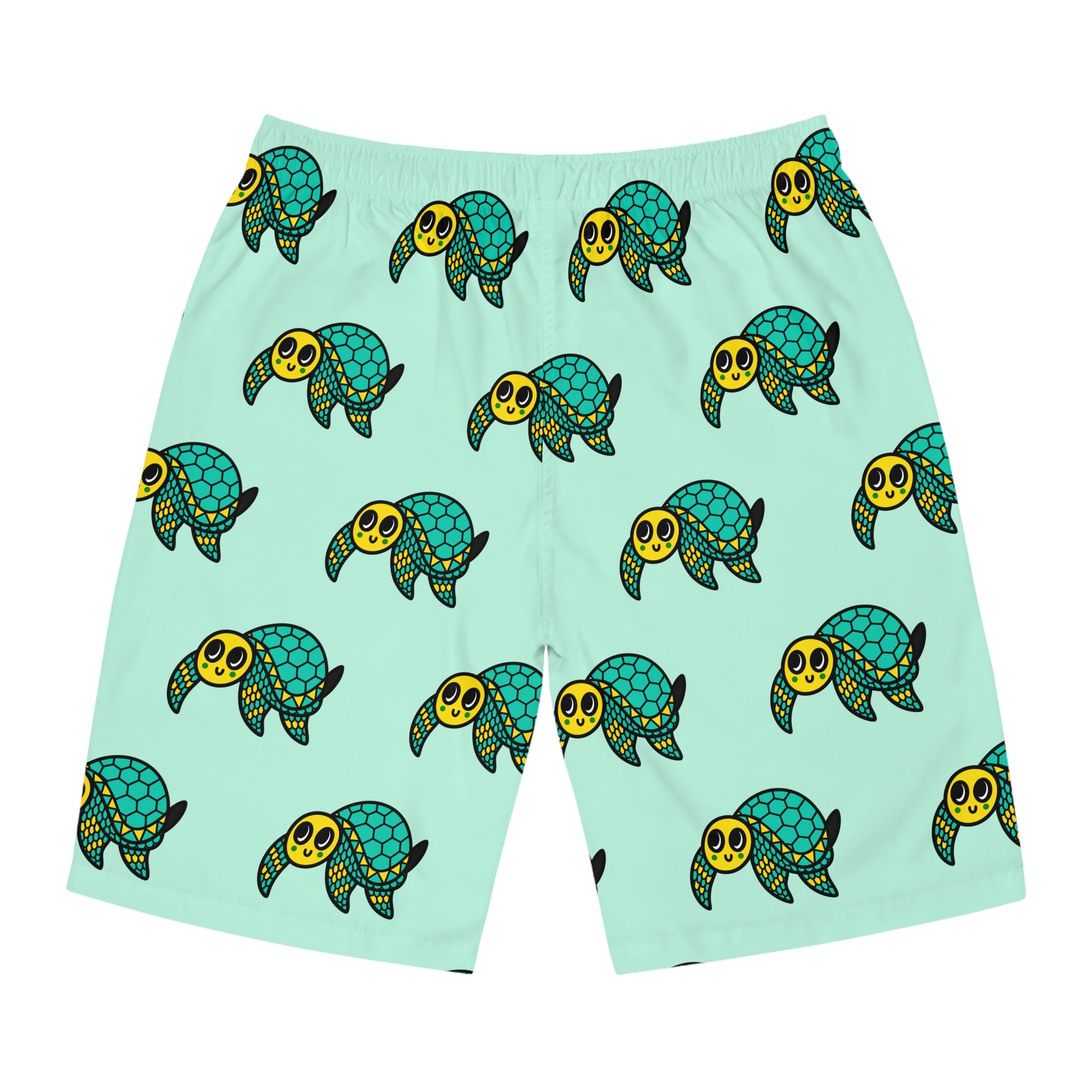 Hand-Drawn Smiling Sea Turtle Pattern Board Shorts | Aqua All-Over Print