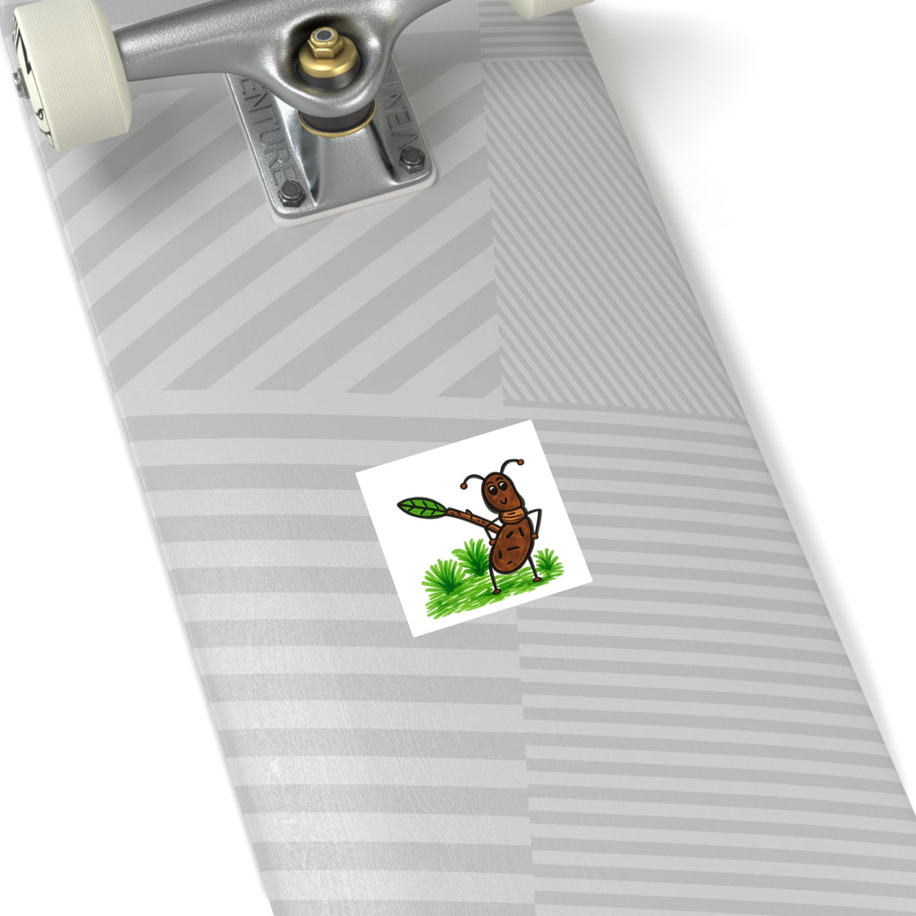 Hand-Drawn Cute Ant with Leaf Illustration Square Stickers | Indoor Outdoor
