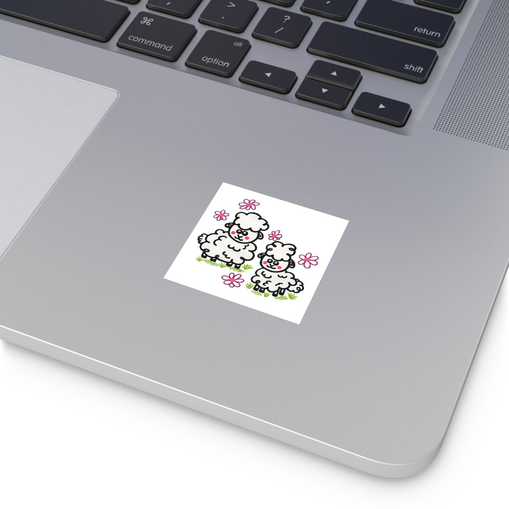 Hand-Drawn Cute Cartoon Sheep Square Sticker | Indoor Outdoor, Floral Spring Design