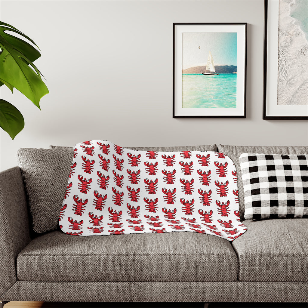 Hand-Drawn Red Lobster Pattern Sherpa Blanket | Coastal Nautical Seafood Throw