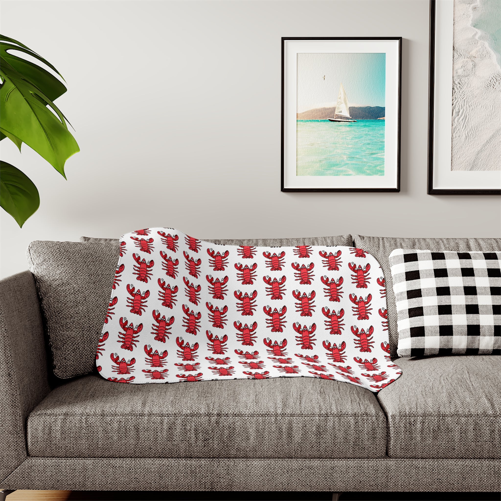 Hand-Drawn Red Lobster Pattern Sherpa Blanket | Coastal Nautical Seafood Throw