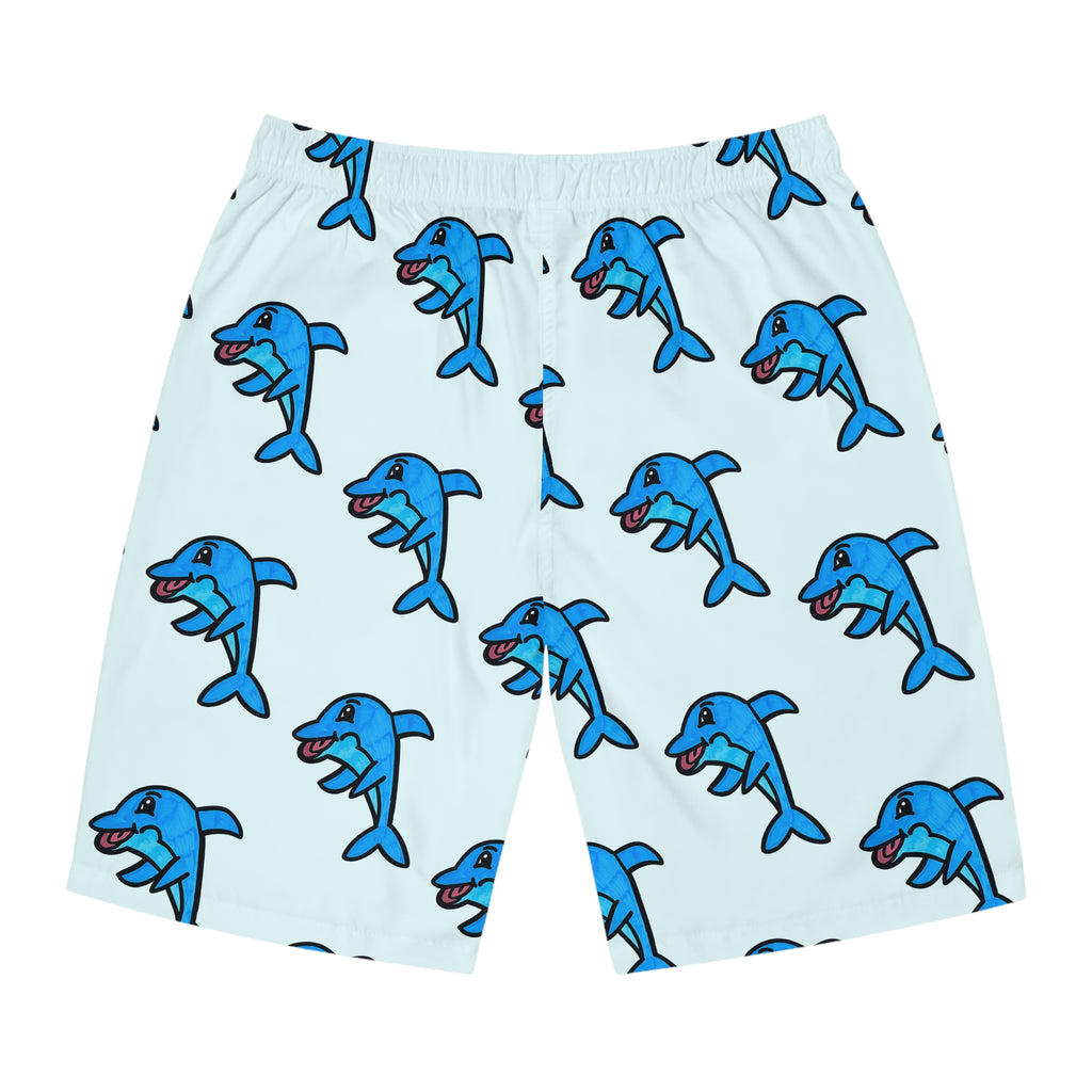 Hand-Drawn Cartoon Blue Dolphin Board Shorts | All-Over Print Swim Trunks