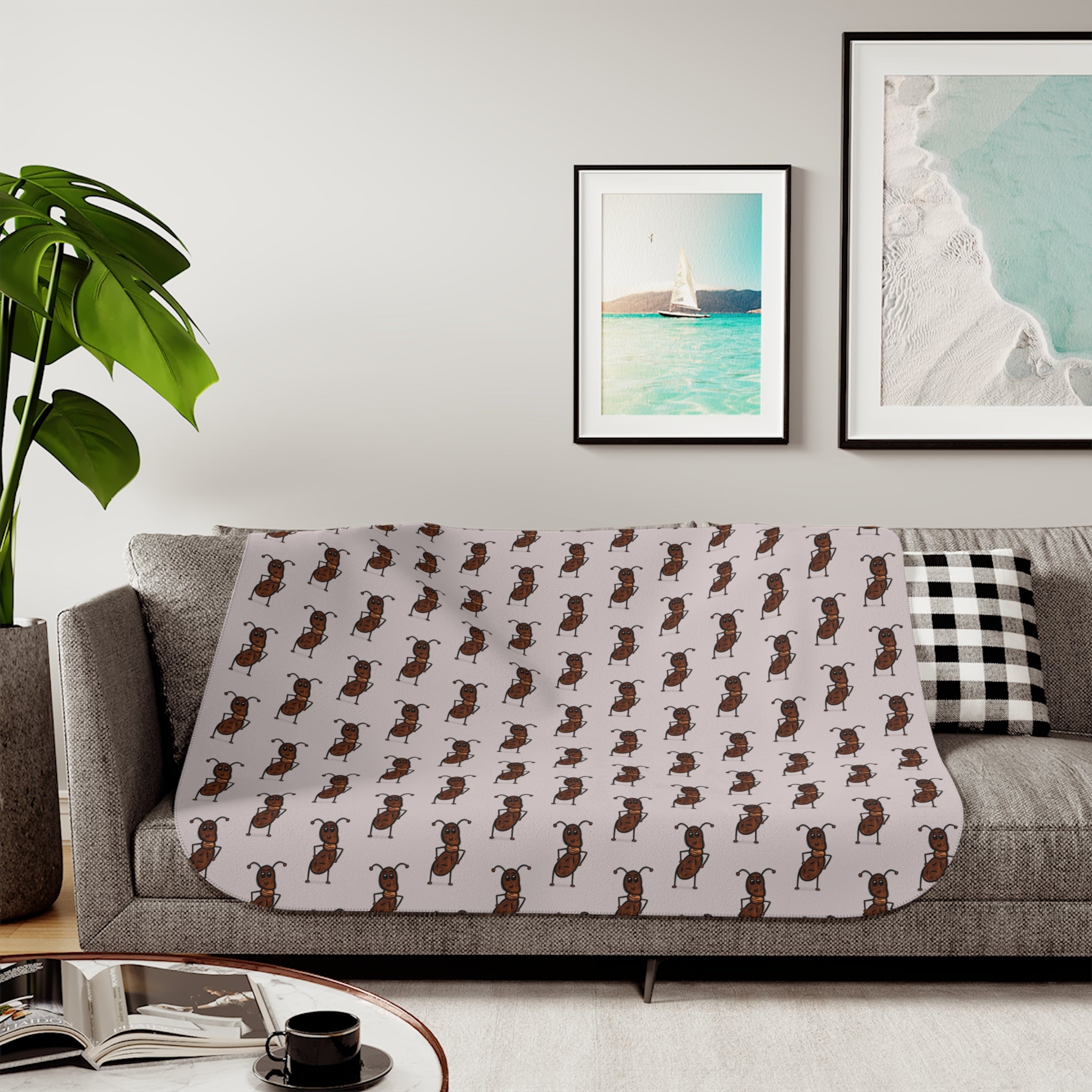 Hand-Drawn Ant Pattern Sherpa Blanket | Repeating Insect Design, Cozy Throw