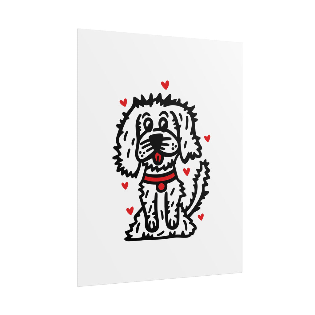 Hand-Drawn Cute Fluffy White Dog with Hearts Rolled Poster | Cute Dog Wall Art