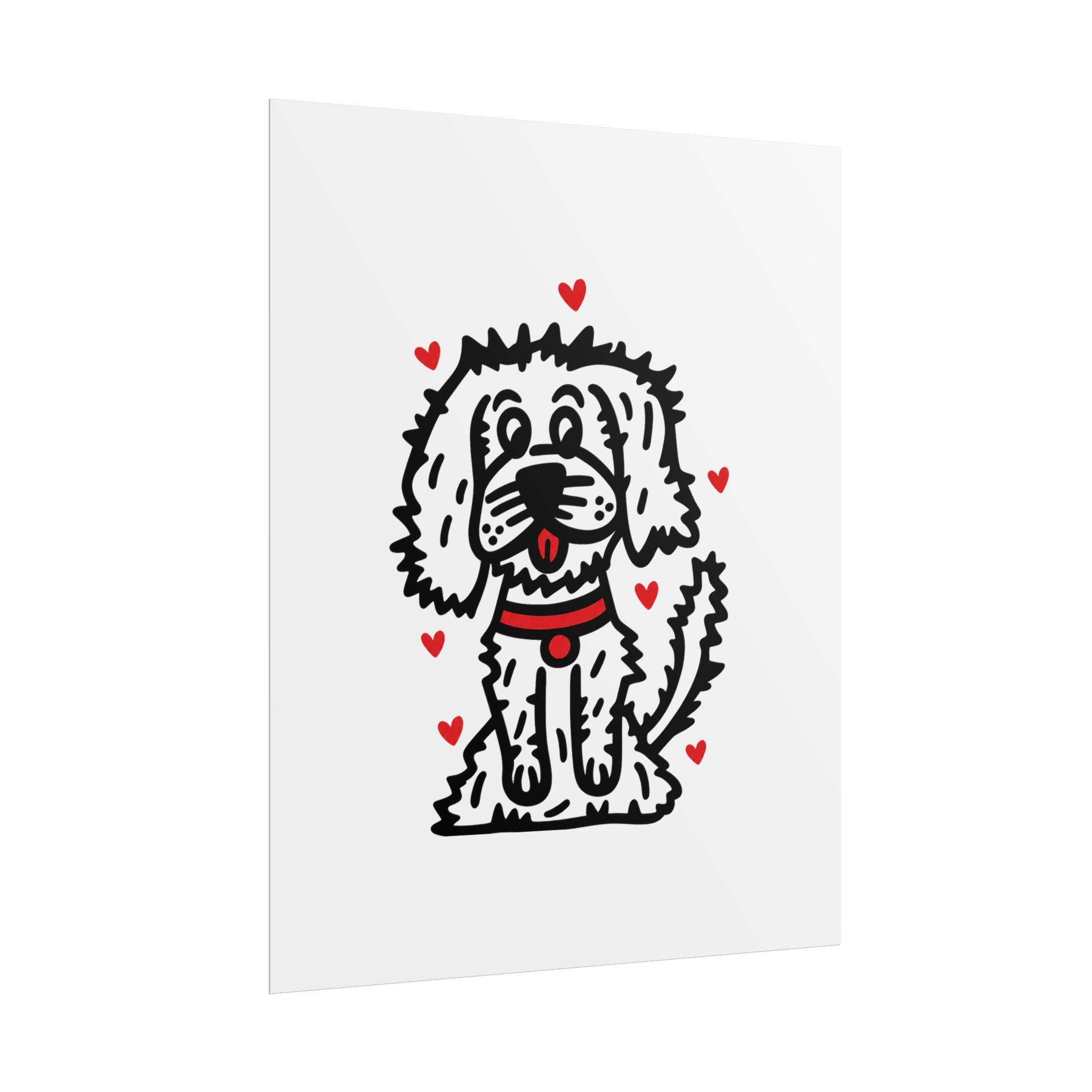 Hand-Drawn Cute Fluffy White Dog with Hearts Rolled Poster | Cute Dog Wall Art