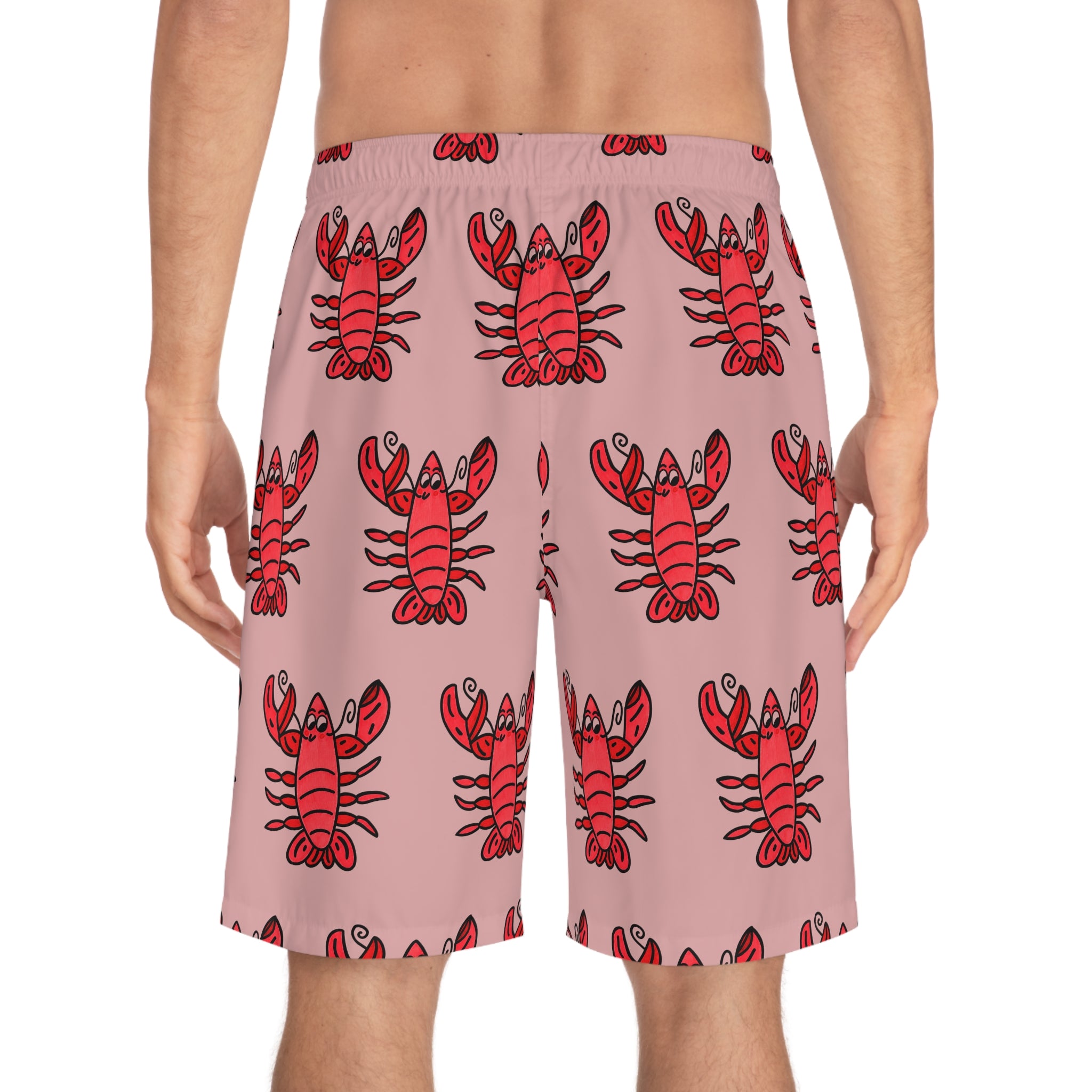 Hand-Drawn Red Lobster Pattern Men's Board Shorts | Pink All-Over Print Swim Trunks