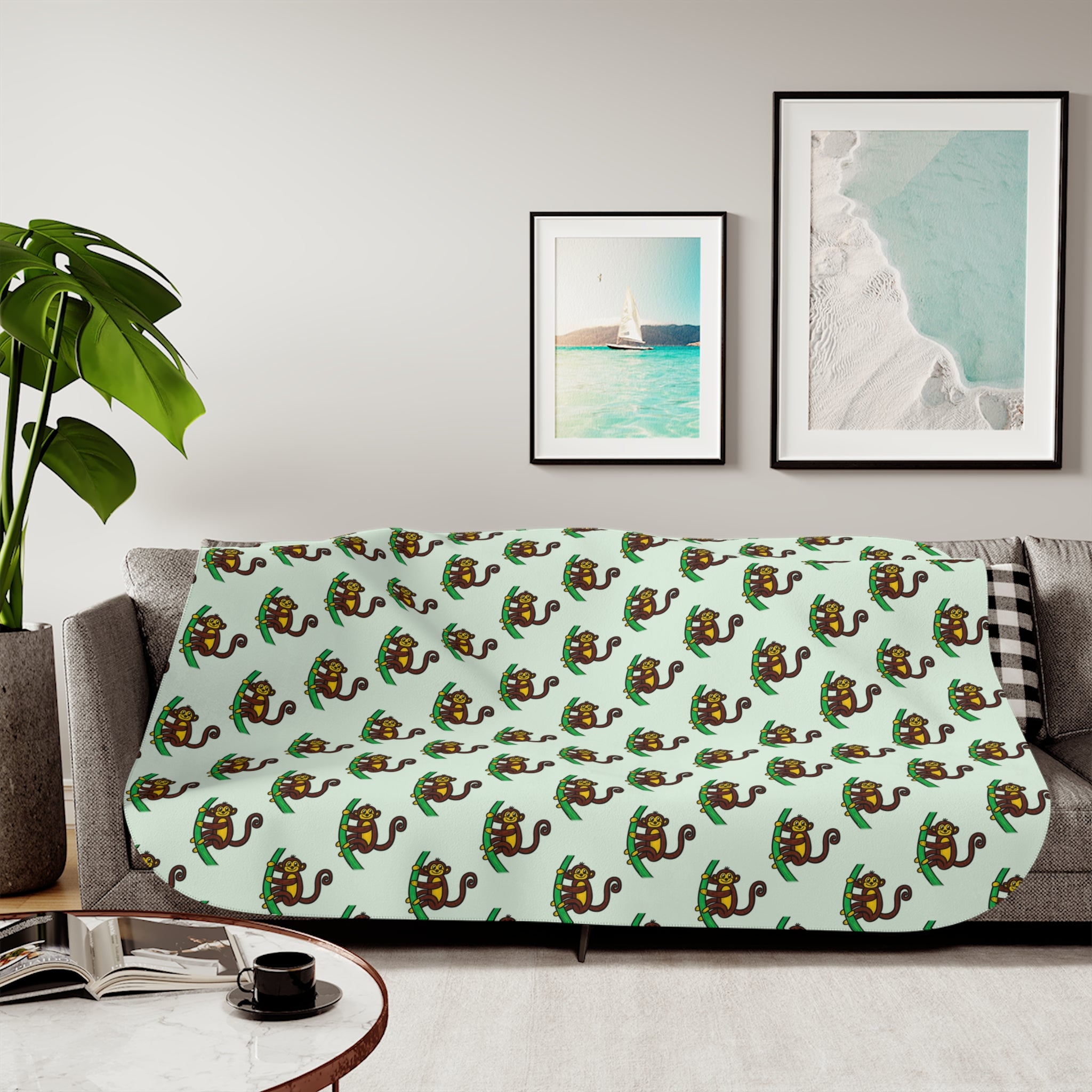 Hand-Drawn Retro Monkey Pattern Sherpa Blanket | Cute Jungle Animal Throw