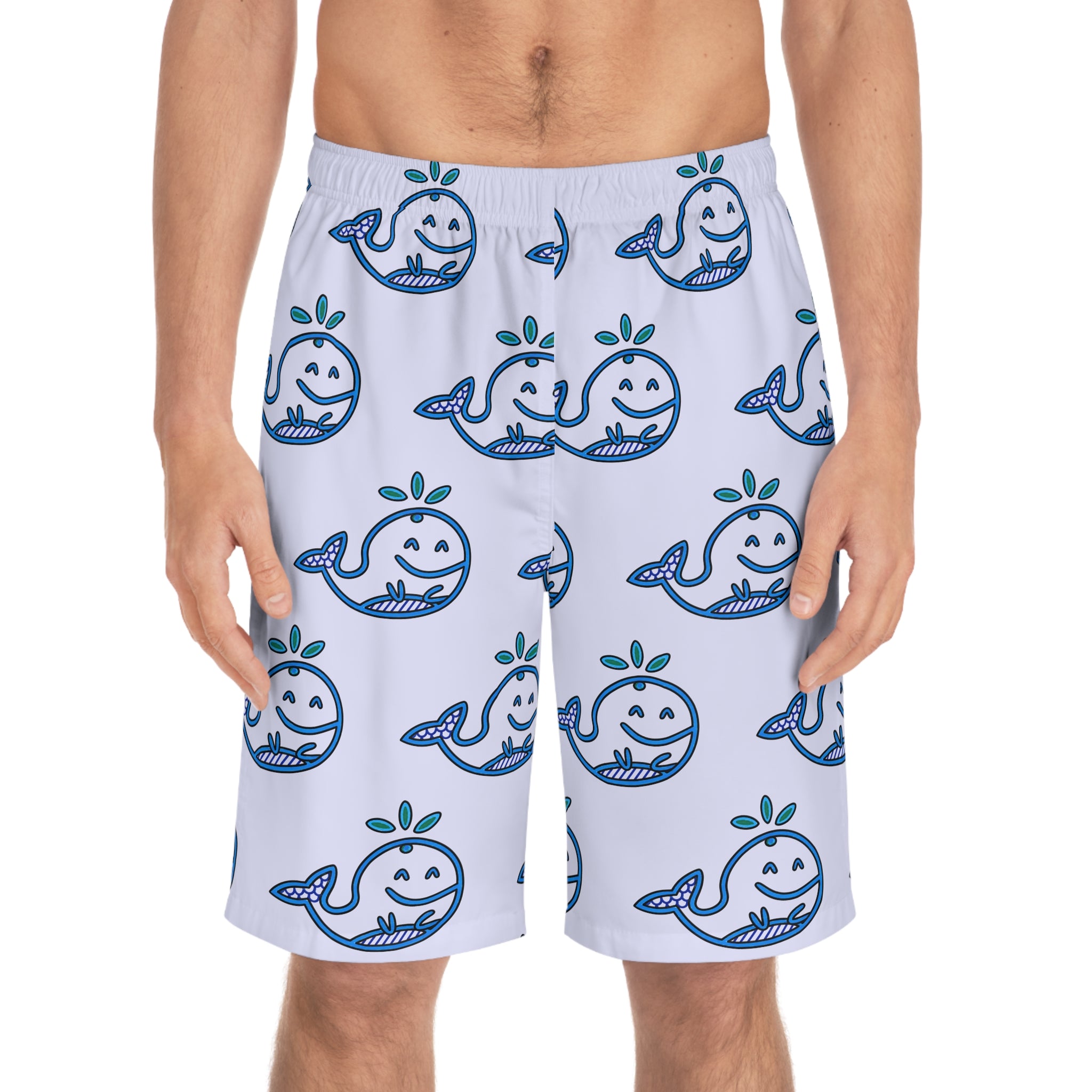 Hand-Drawn Smiling Whale Pattern Board Shorts | All-Over Print Swim Trunks