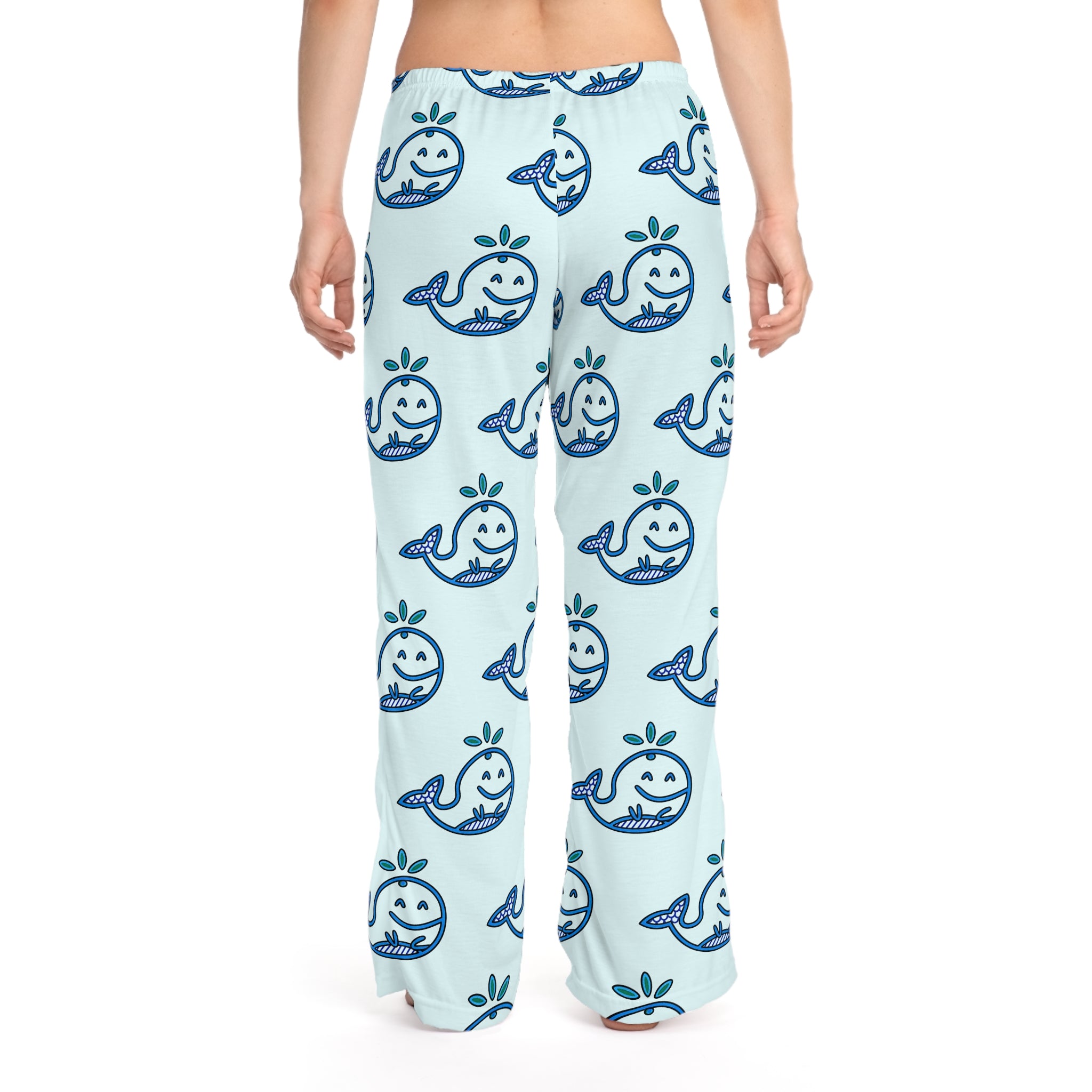 Hand-Drawn Smiling Blue Whale Pattern Pajama Pants | Cute Ocean Animal Loungewear