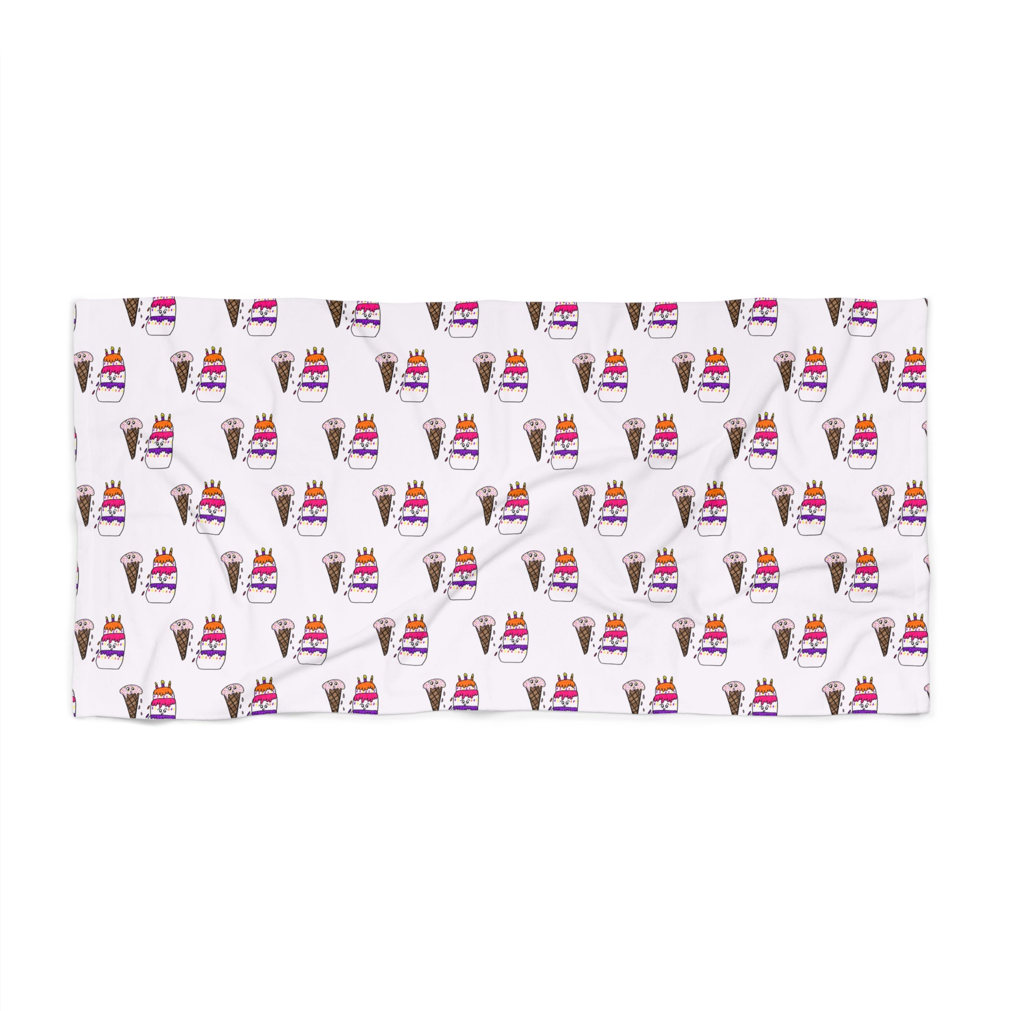 Hand-Drawn Colorful Ice Cream Cone and Cake Pattern Beach Towel | Summer Seaside Print