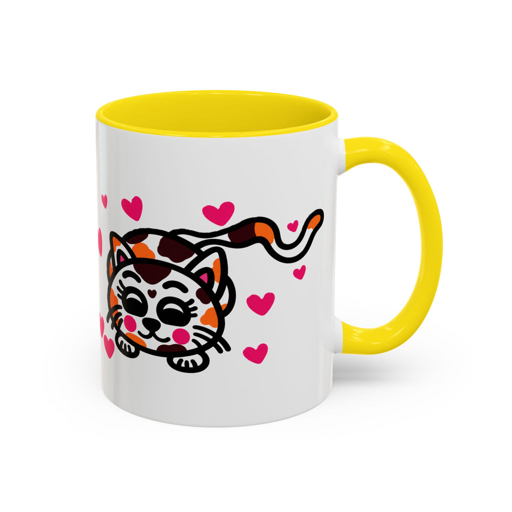 Hand-Drawn Calico Cat with Pink Hearts Mug | Accent Coffee Mug 11oz 15oz
