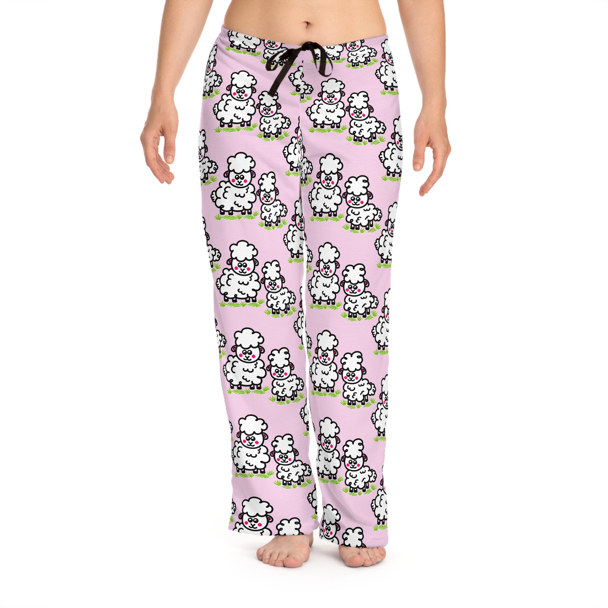Hand-Drawn Cute Pink Cartoon Sheep Pajama Pants | All-Over Print