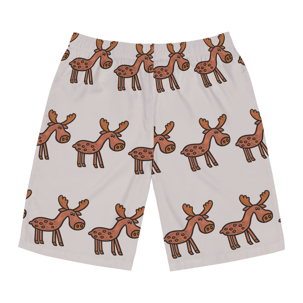 Hand-Drawn Cartoon Moose Pattern Board Shorts | Men's Swim Trunks, All-Over Print