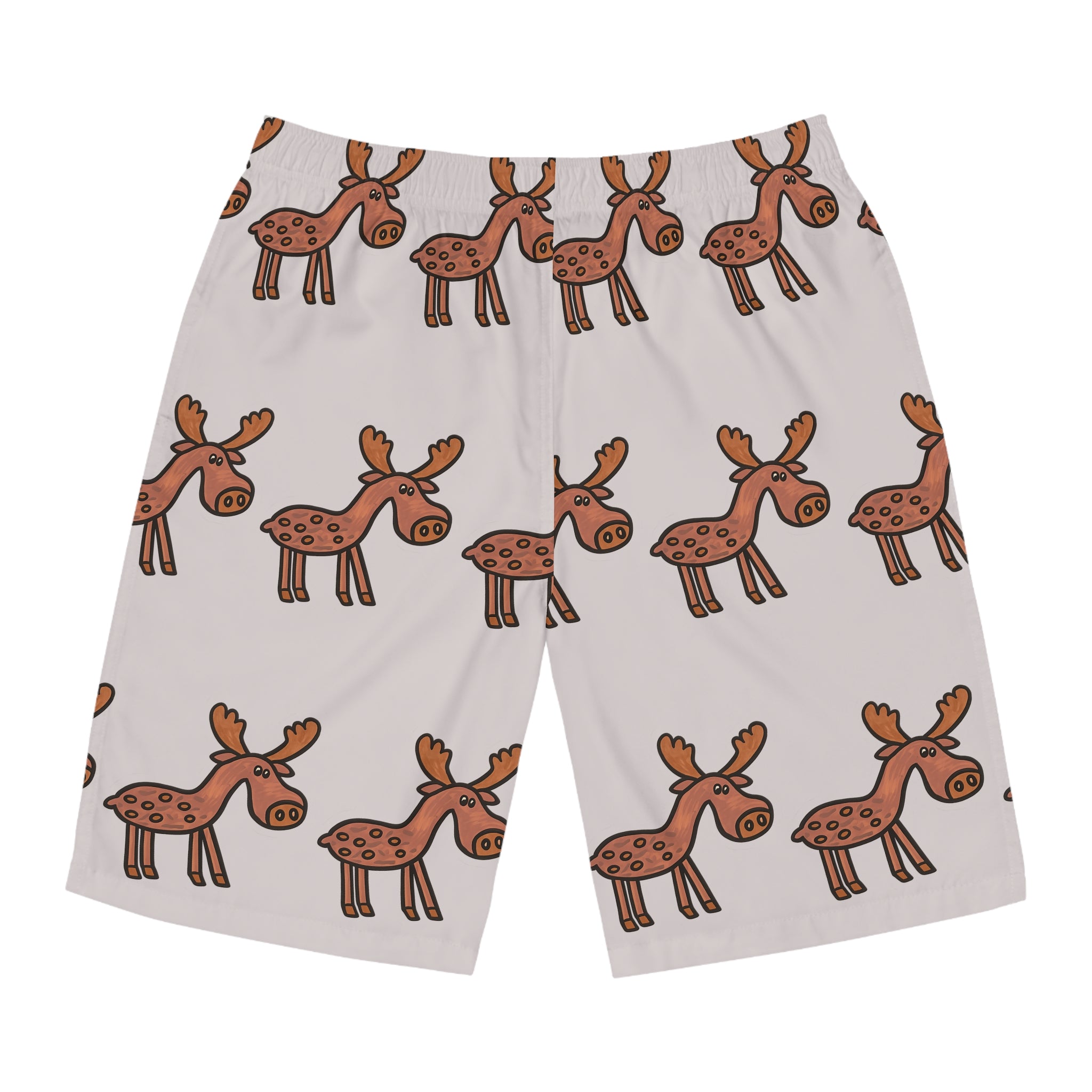 Hand-Drawn Cartoon Moose Pattern Board Shorts | Men's Swim Trunks, All-Over Print