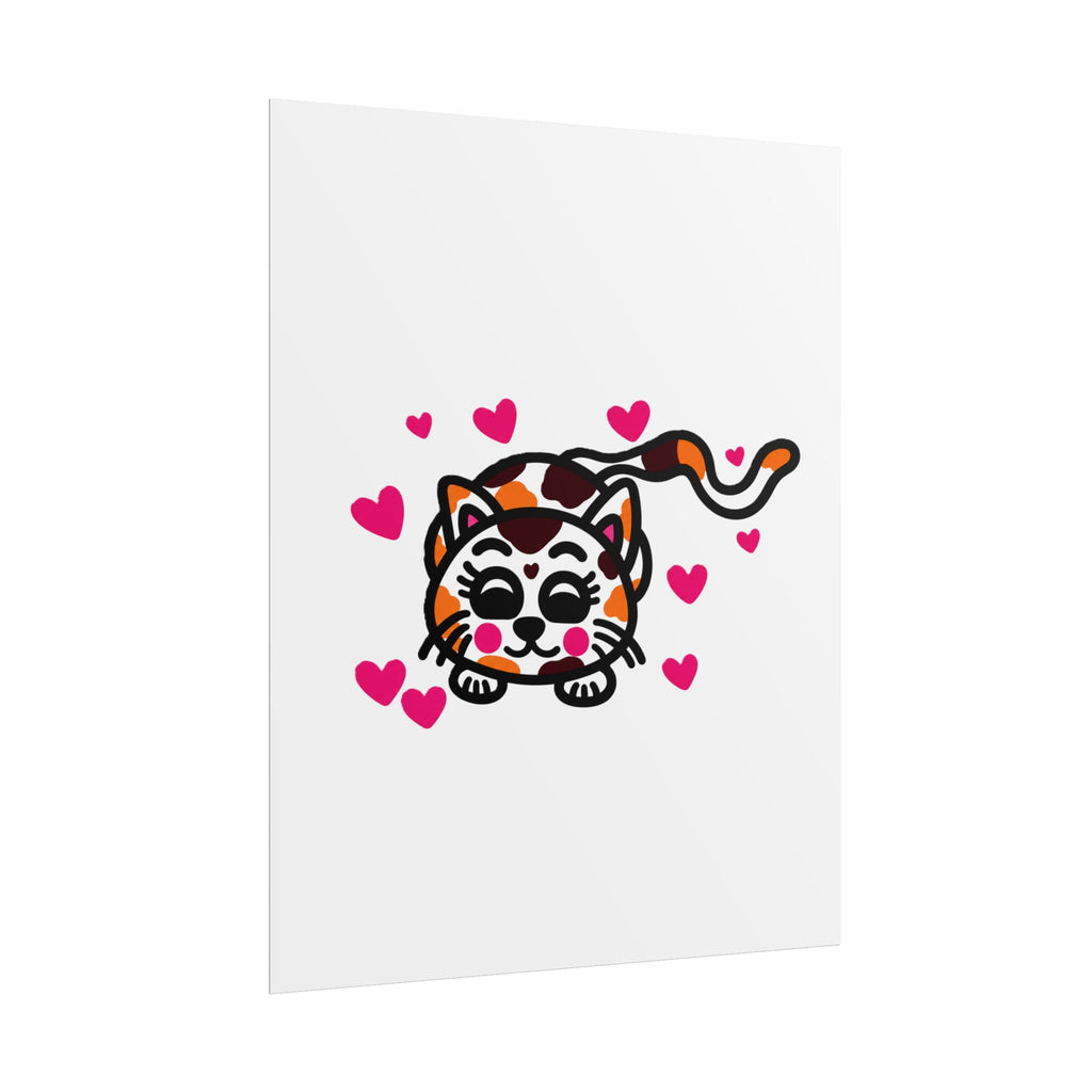 Hand-Drawn Cute Calico Cat with Pink Hearts Poster | Rolled Poster