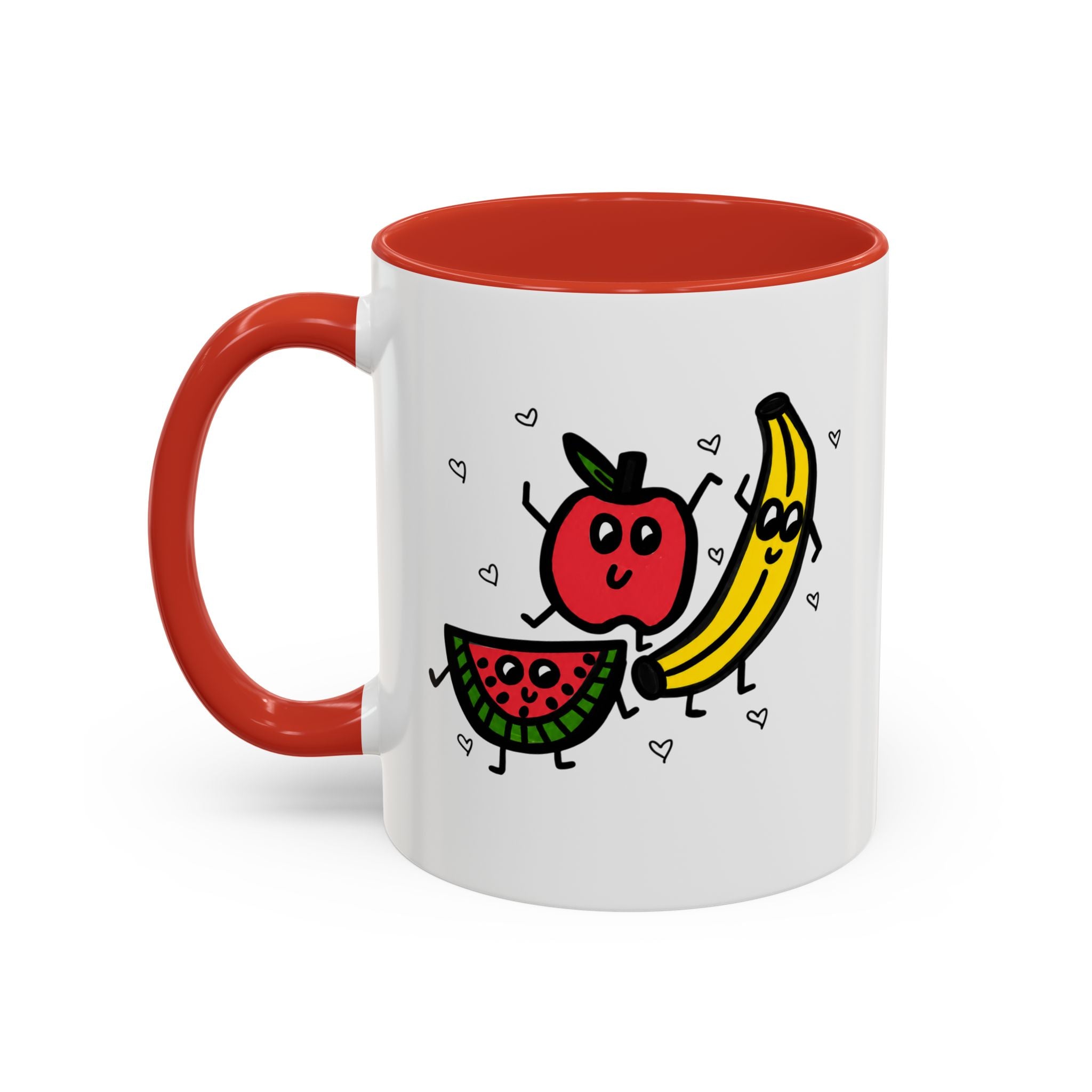 Hand-Drawn Smiling Banana Apple Watermelon Mug | Cute Fruit Faces Coffee Cup