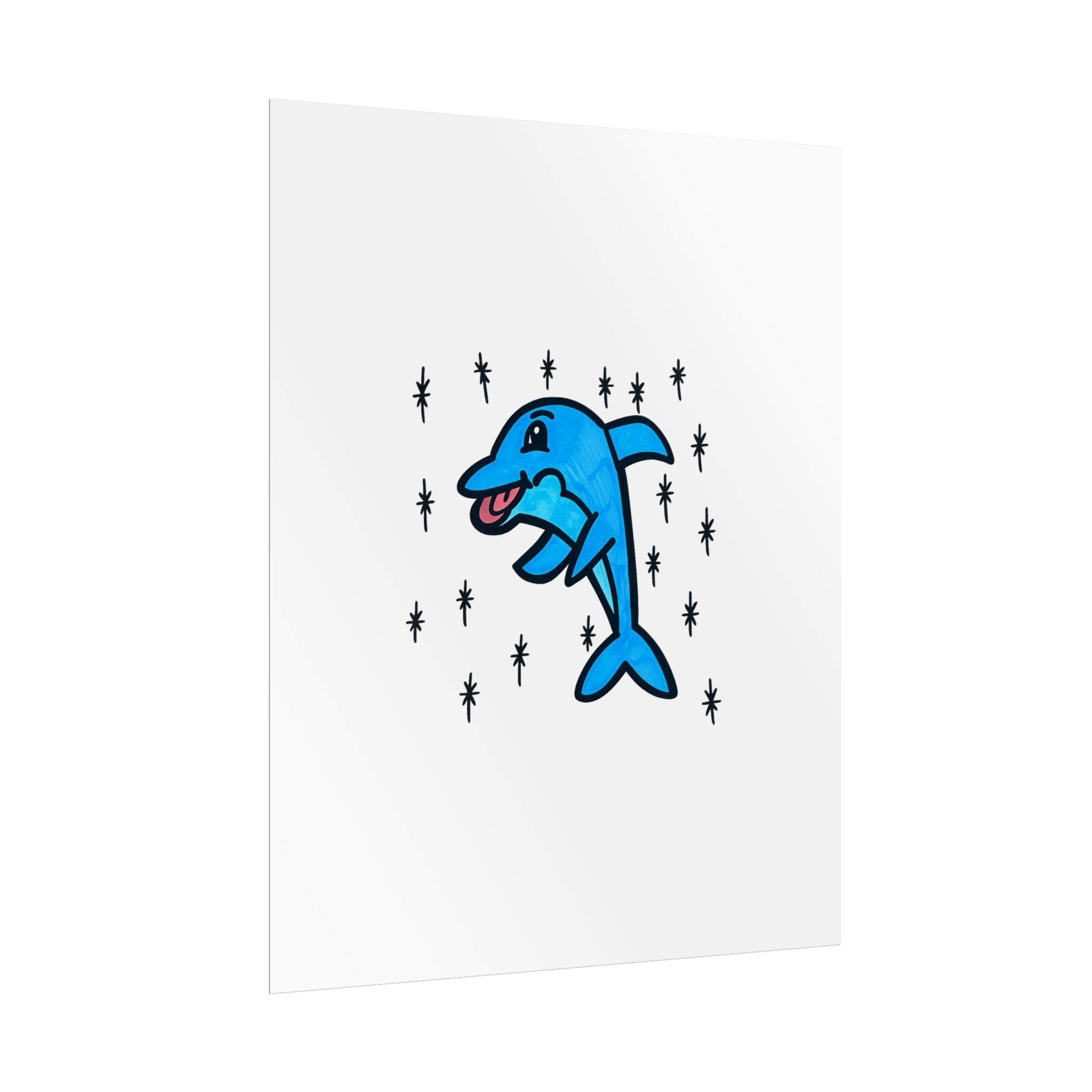 Hand-Drawn Cute Blue Dolphin Rolled Poster | Cartoon Sea Life Wall Art
