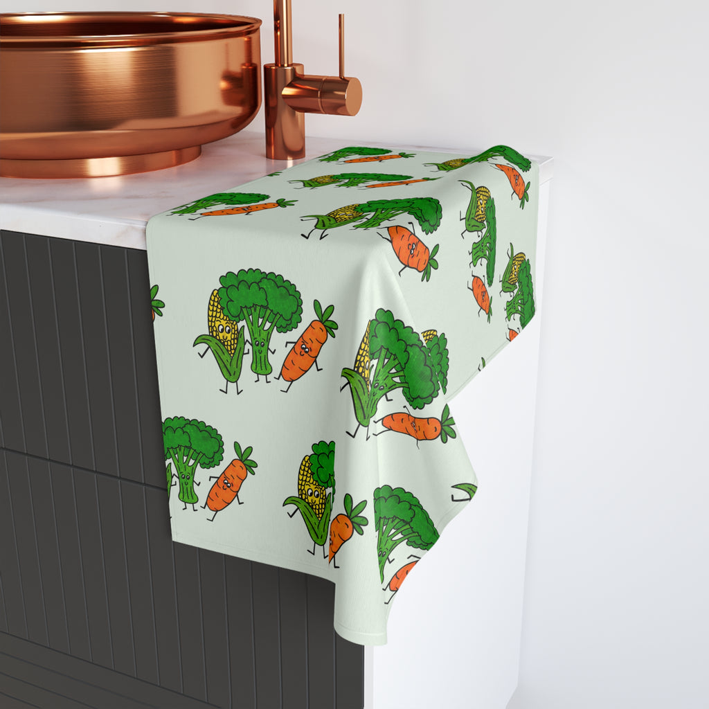 Hand-Drawn Smiling Veggies Corn Carrot Broccoli Hand Towel | Kitchen Tea Towel, Cute Produce Design