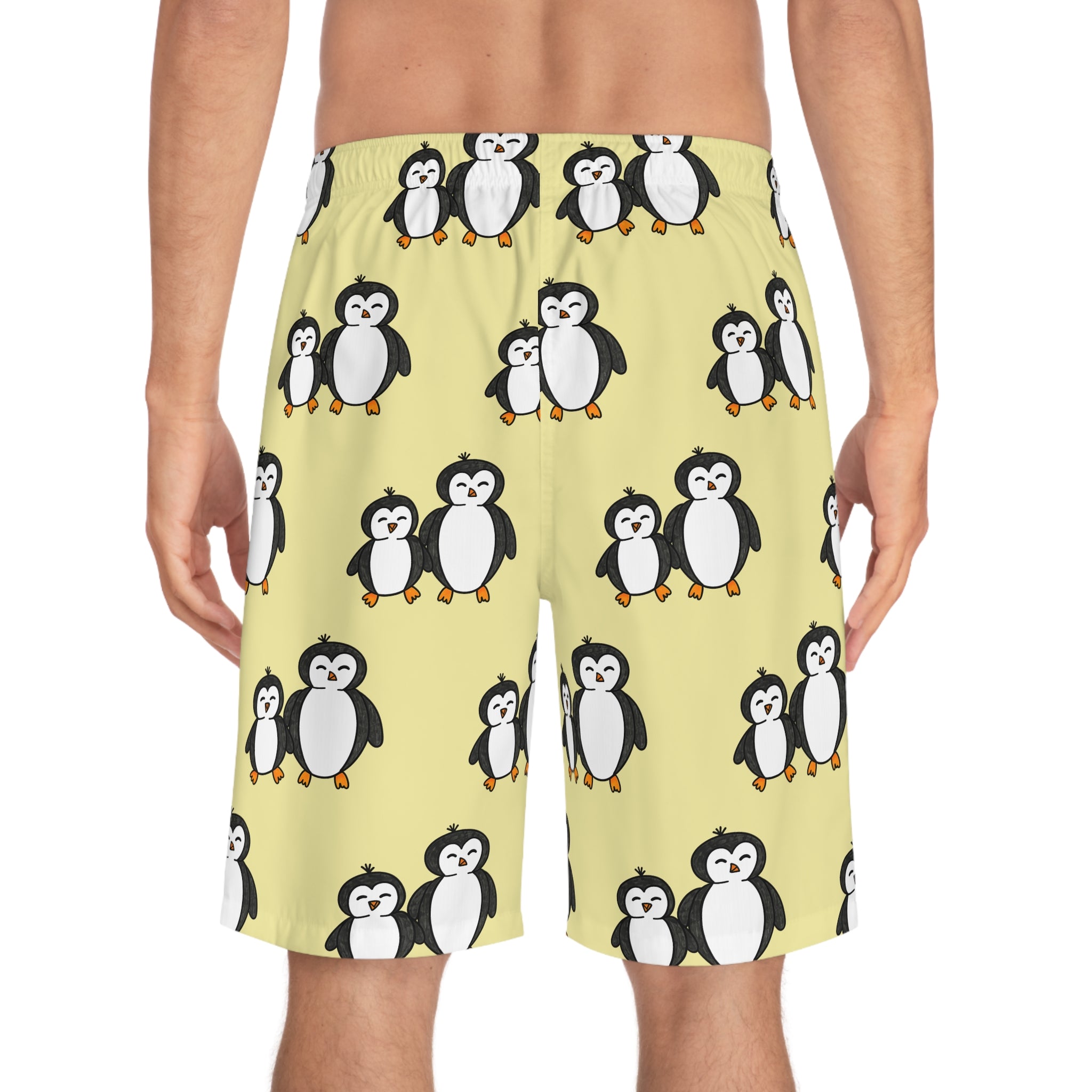 Hand-Drawn Cute Penguin Pattern Men's Board Shorts | Yellow All-Over Print