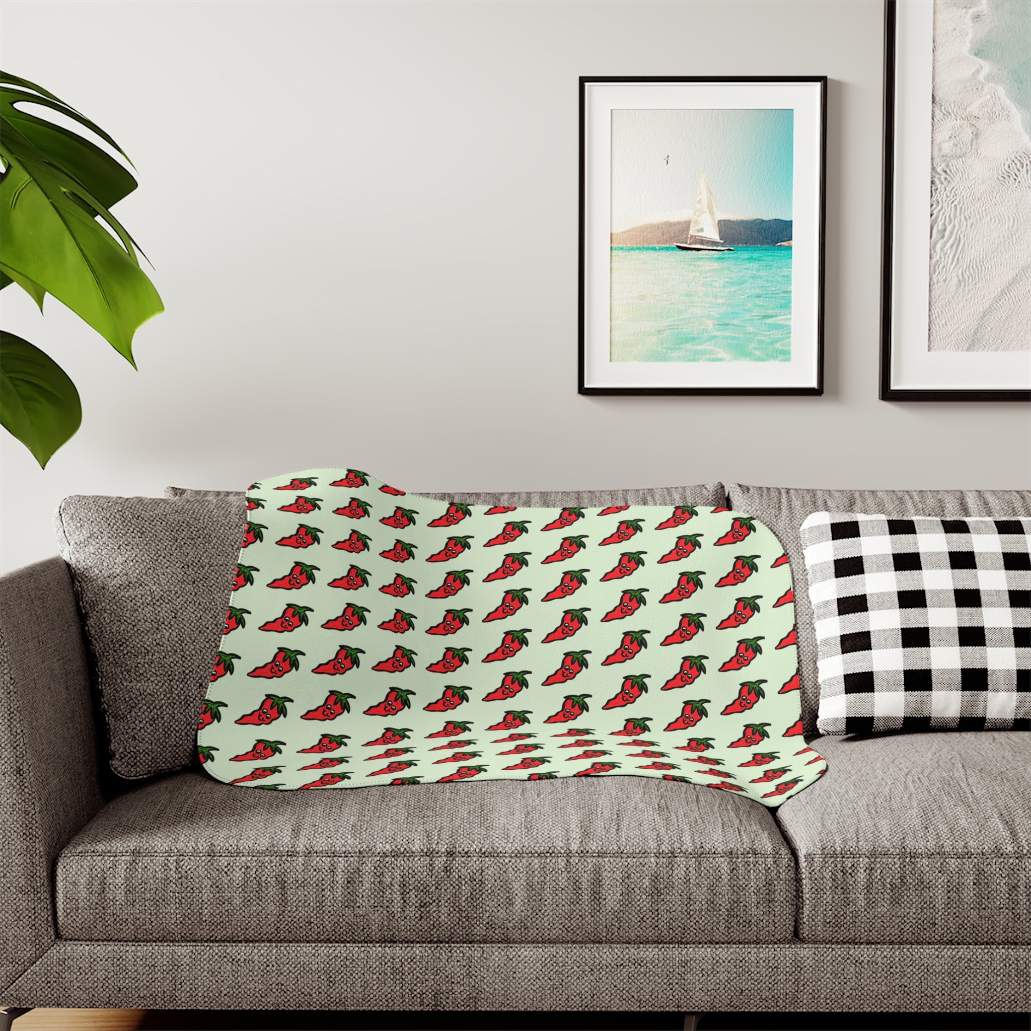 Hand-Drawn Cute Chili Pepper Pattern Sherpa Blanket | Repeating Whimsical Pepper Design